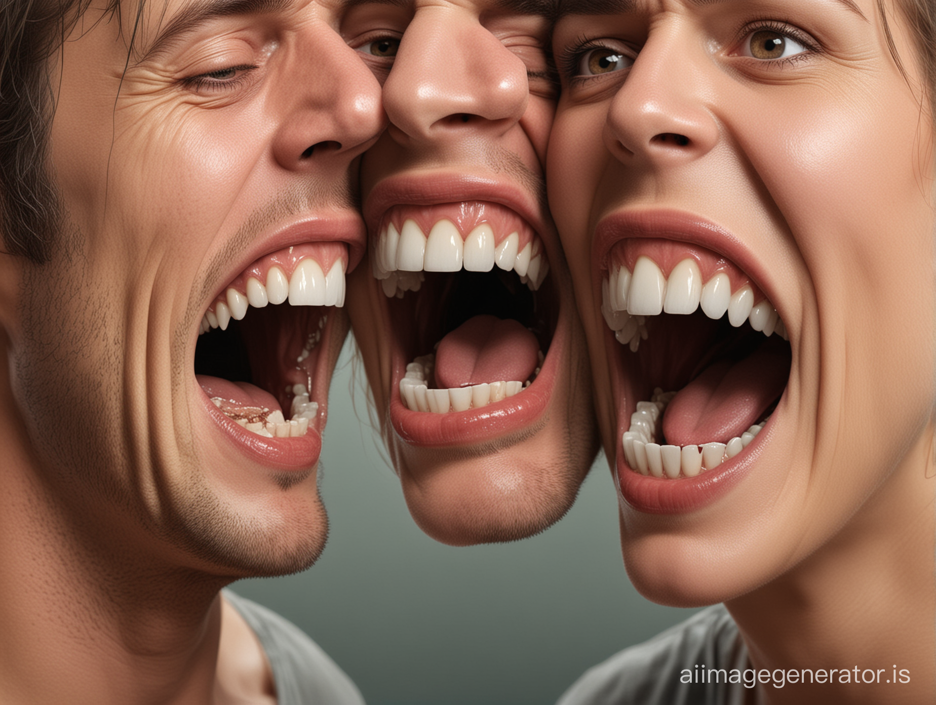 create a 3d image illustration of a man and woman afraid to show their rotten teeth 