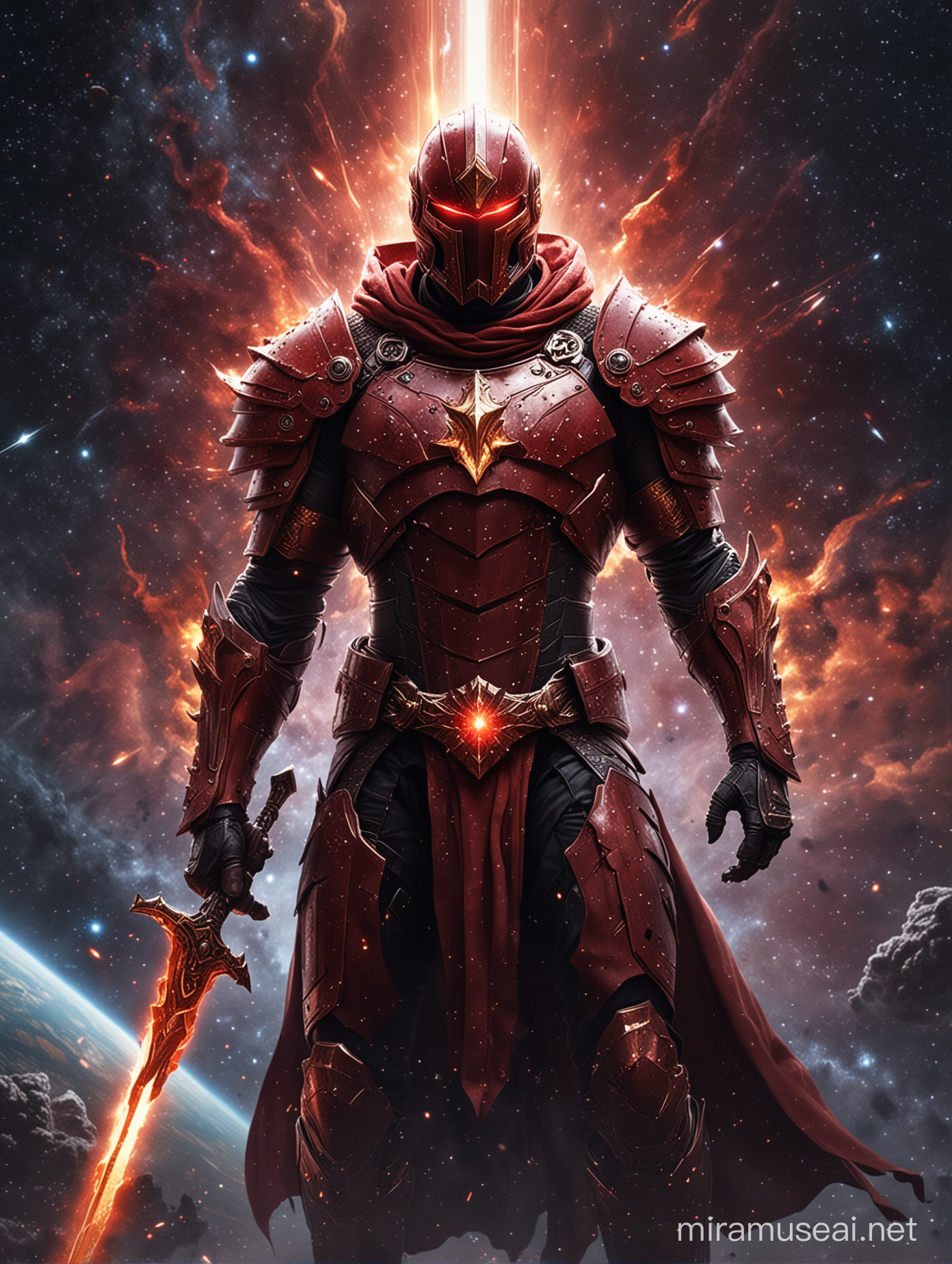 Red Cosmic Warrior Defending the Universe with Blazing Sword