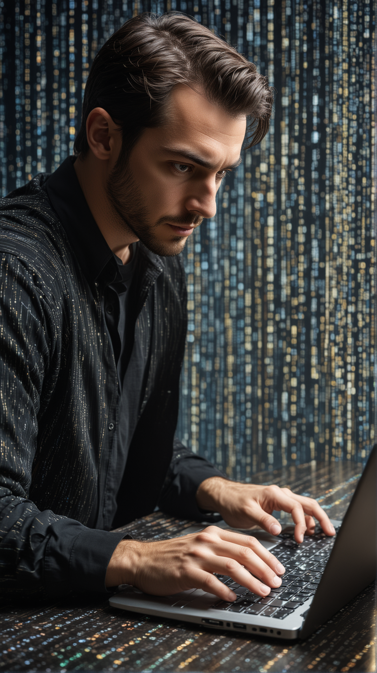 a very focused man working on a laptop in the speed of a light, millions of light stripes and number ins background, matrix infinity