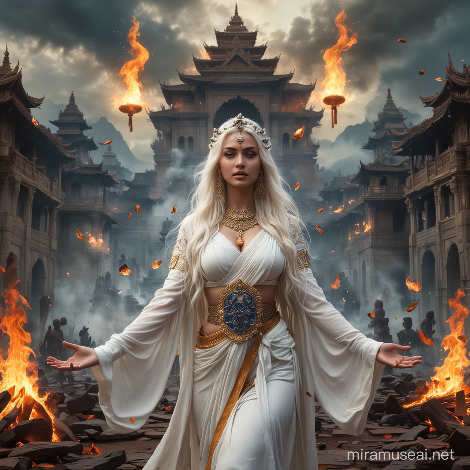 Powerful Hindu Empress Goddess Conjuring Fire Amidst Demonic Deities