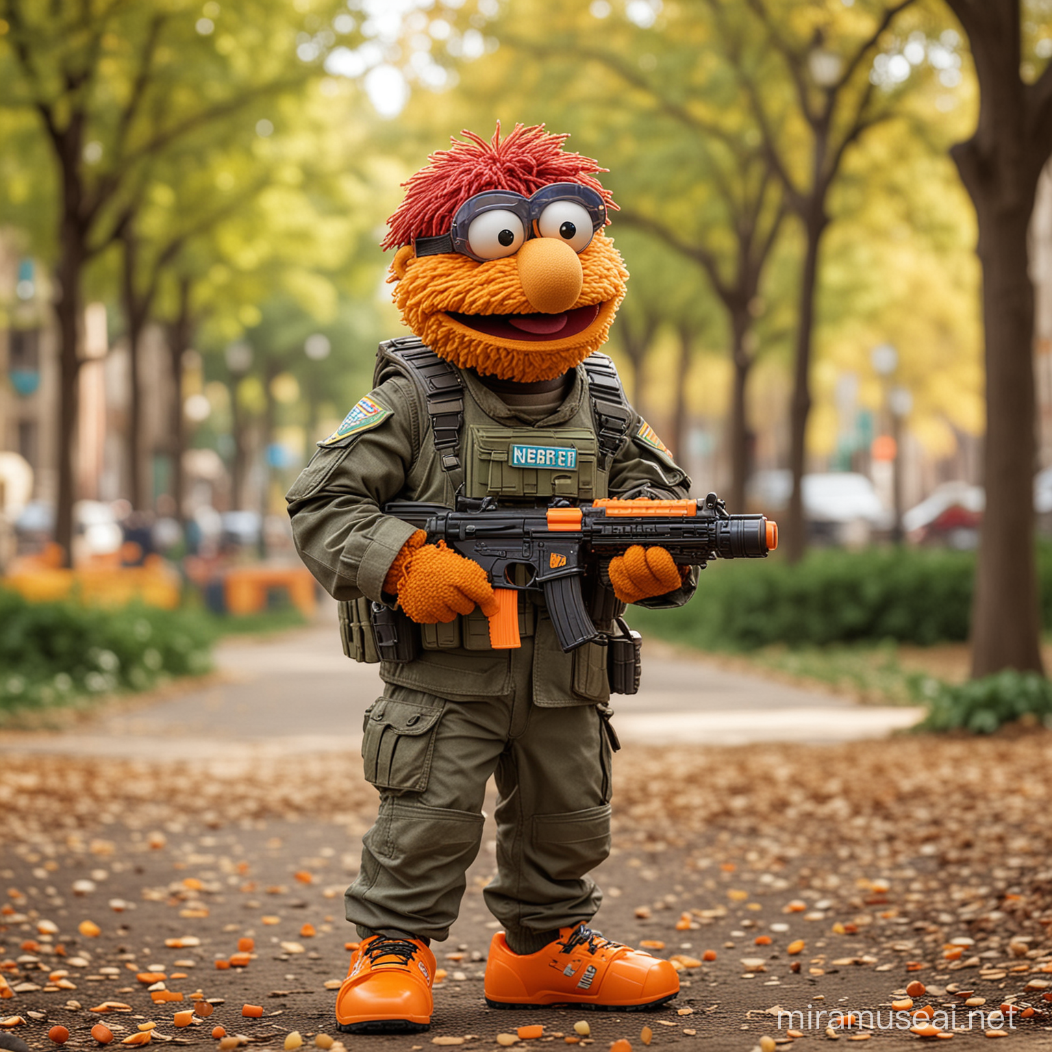 Ernie from Sesame Street Playing with Nerf Gun in Urban Park