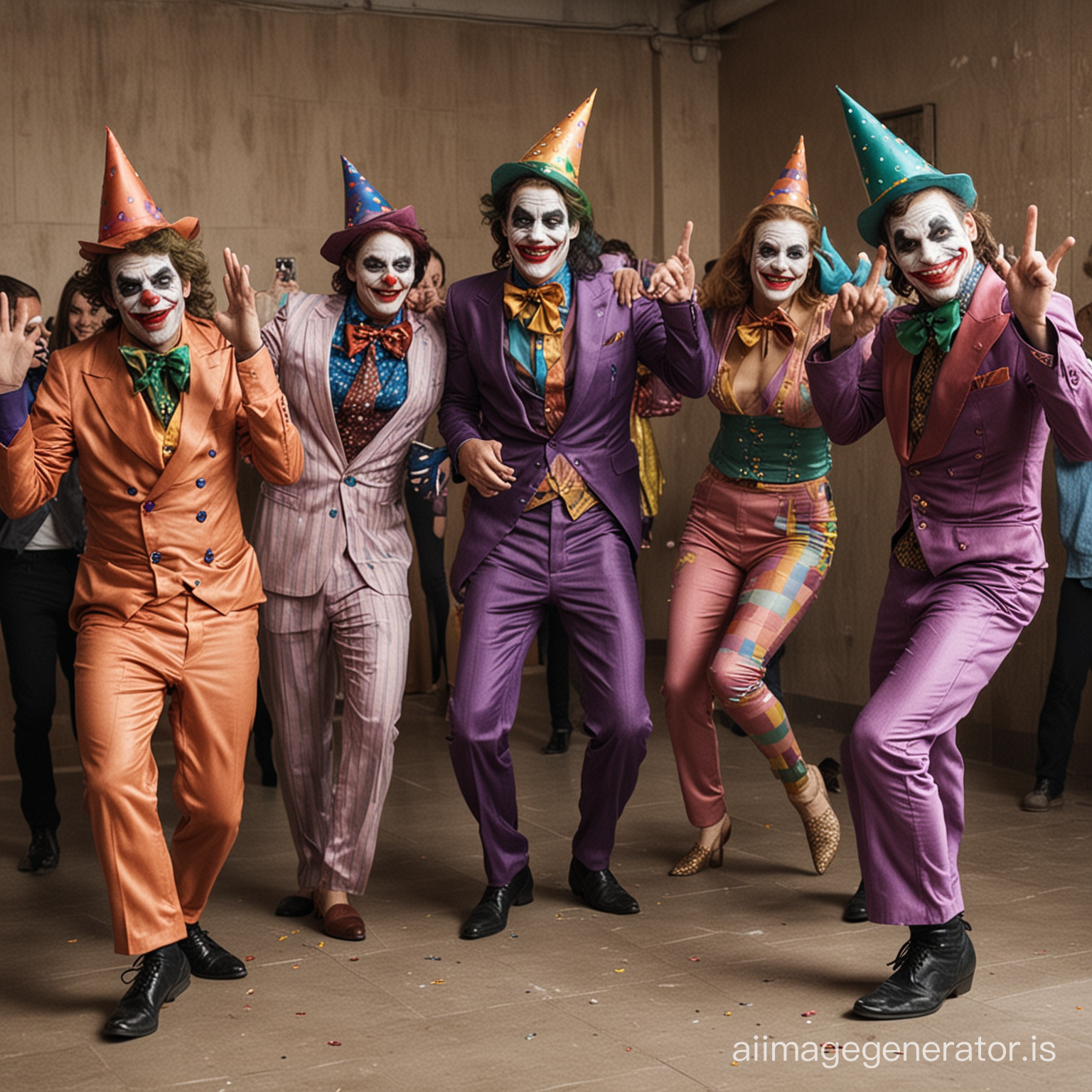 humans disguised as jokers dancing in a birthday of ugly womens