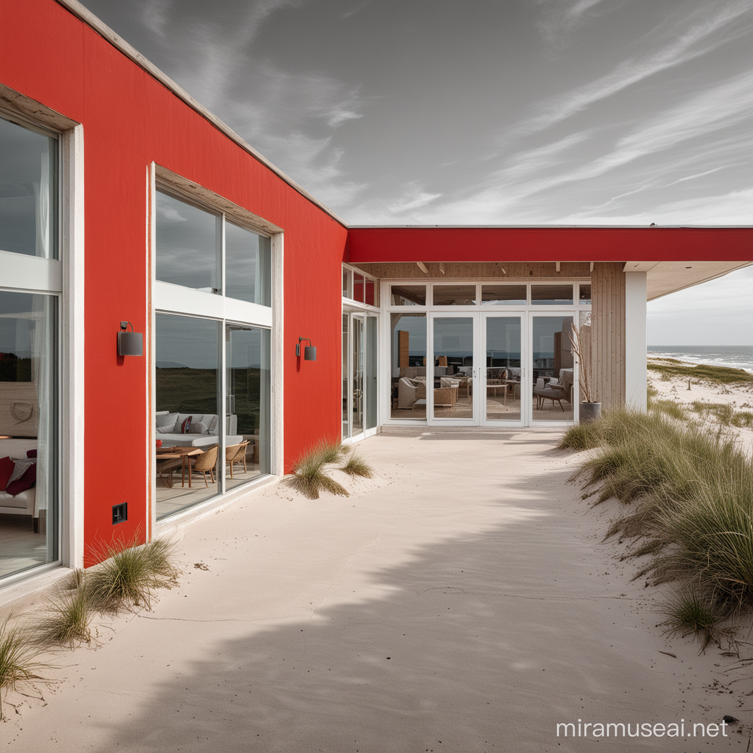 contemporary medium home beach house; red walls; white accents; concrete; blonde oak; metal lighting; dunes, daylight
