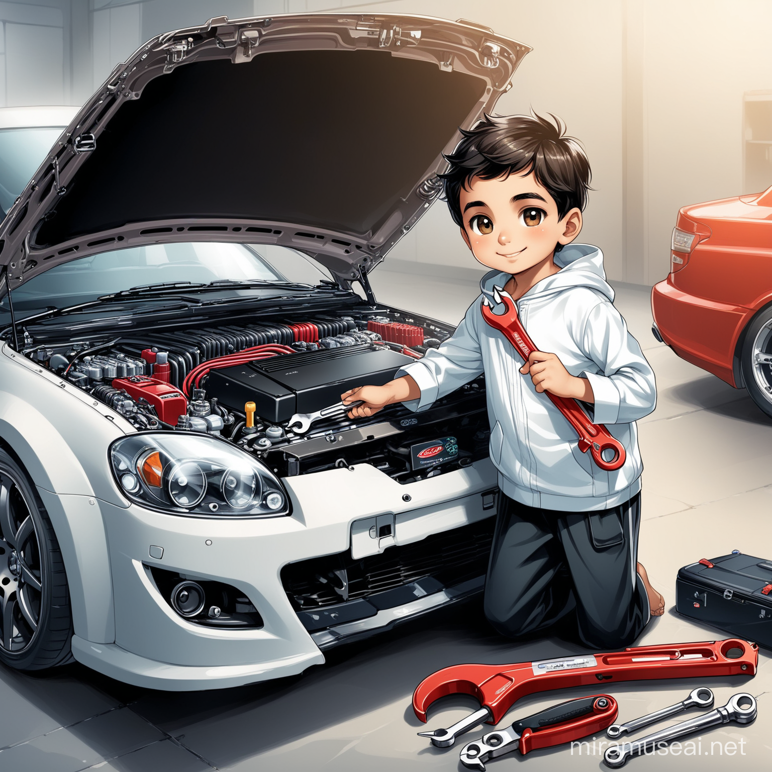 Persian Boy Repairing Samand Car with Modern Wrench in Super Modern Auto Repair Shop
