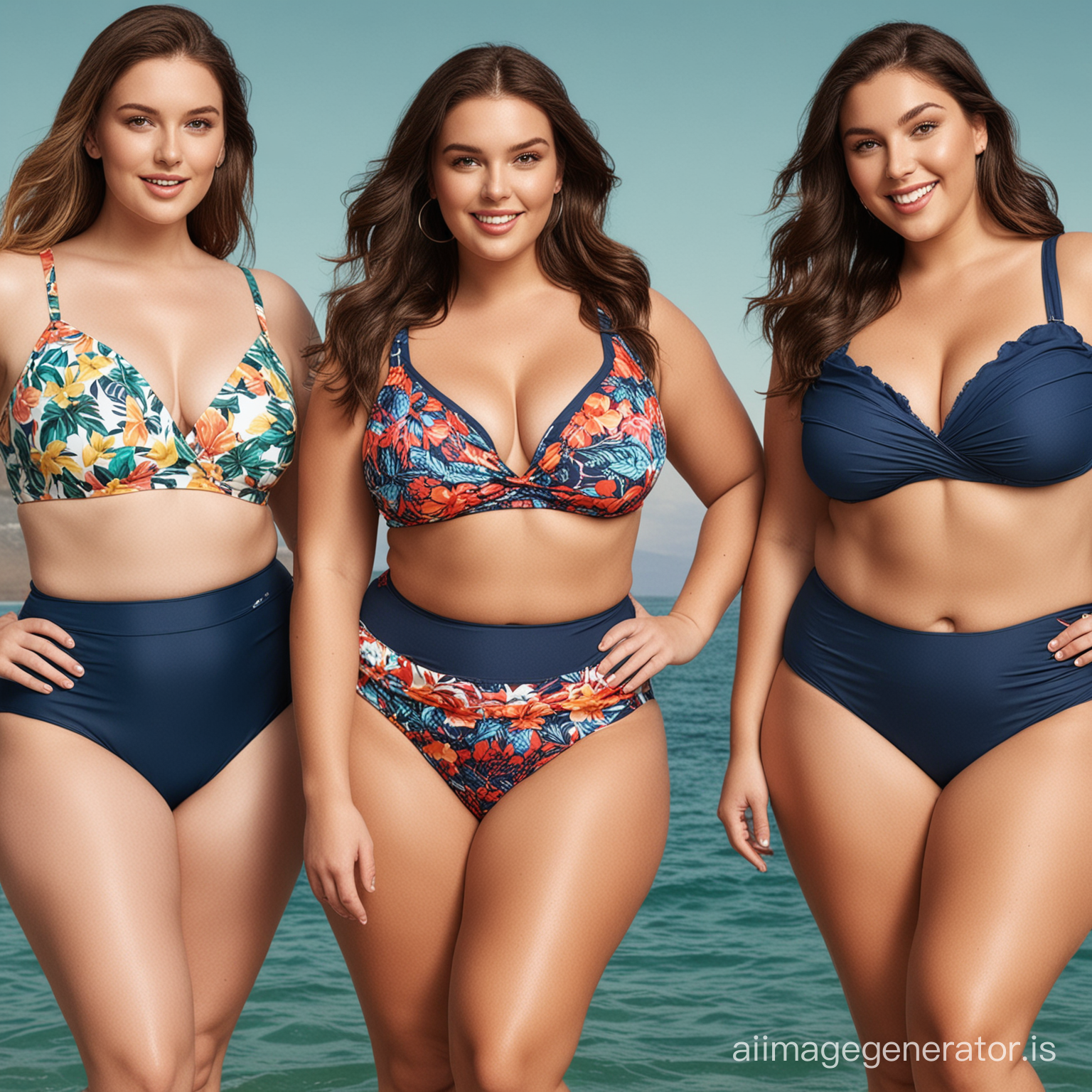 create a banner for an online store who sale swimwear for plus size women, photo should contain 3 women, 2 of them are plus size and the other normal