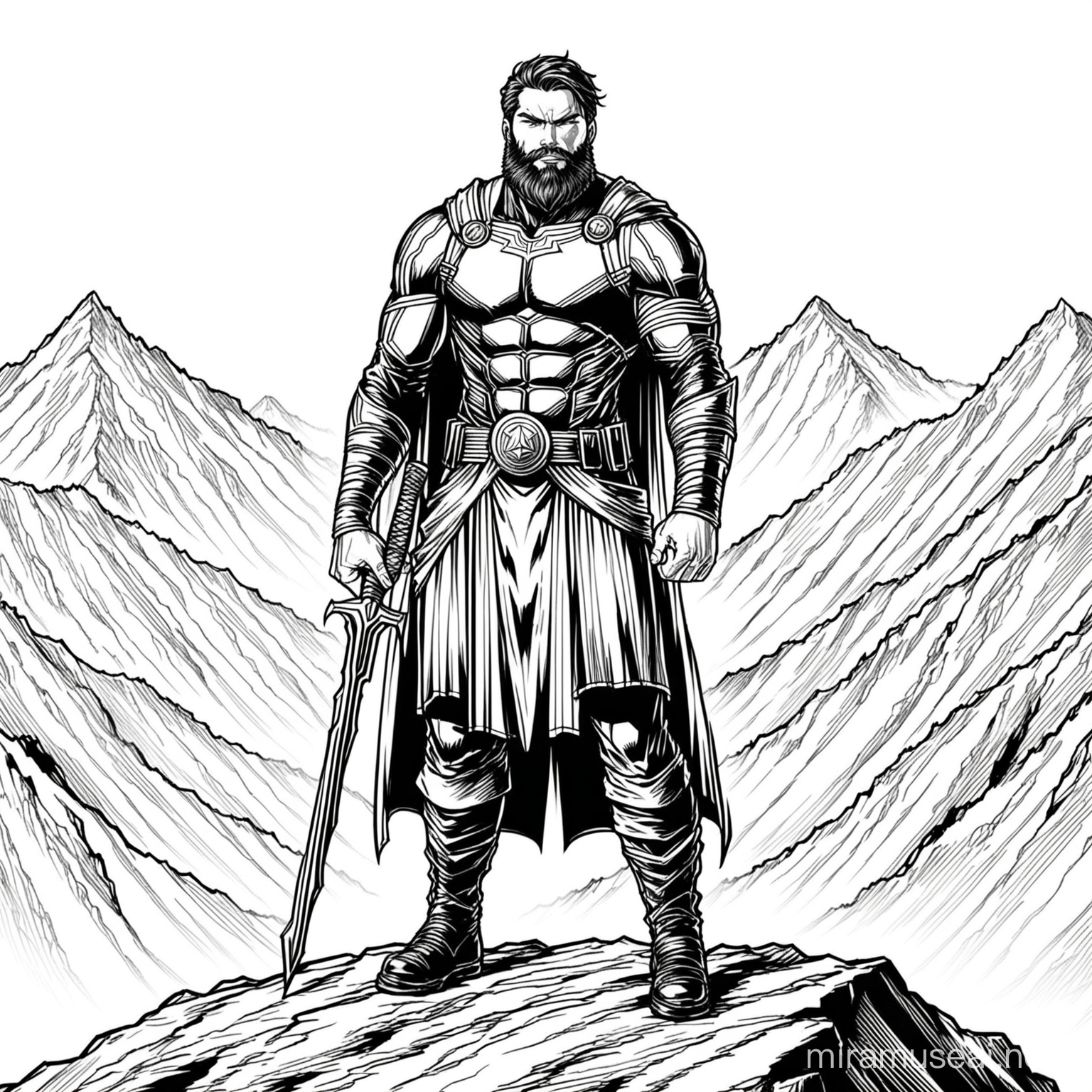 Black avenger, bearded, young man, standing on a mountain, coloring page, black lines white background