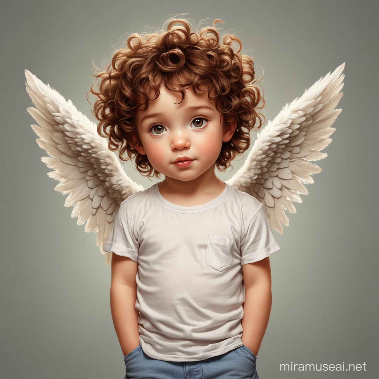 I would like a cherub with brown curly hair wearing a tee shirt