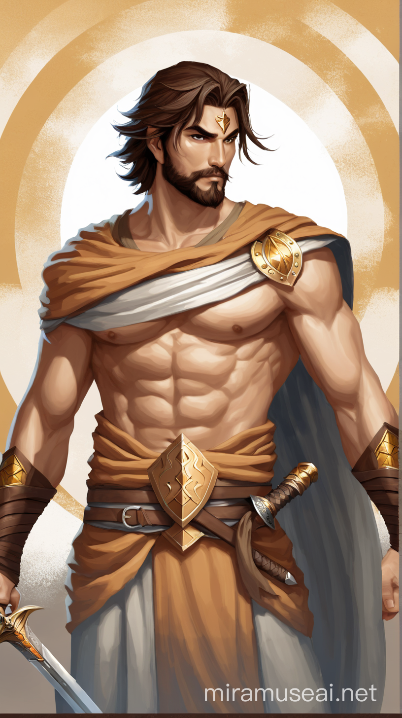 Add the sword in his right hand use neutral colours like grey , brown and some earthy tones 