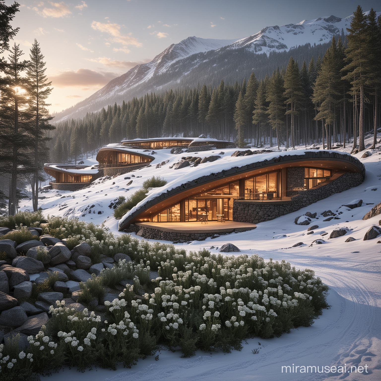 Building a ski lodge that resembles a settlement mound could be visually striking and tie into the historical and cultural context of the Viking Age. Incorporating vegetation and flowers around the lodge could add to its charm and create a welcoming environment. The use of rock-shaped lights in the shape of a figure eight to mimic Viking burial sites could be a creative and meaningful design element, highlighting the rich history of the area.