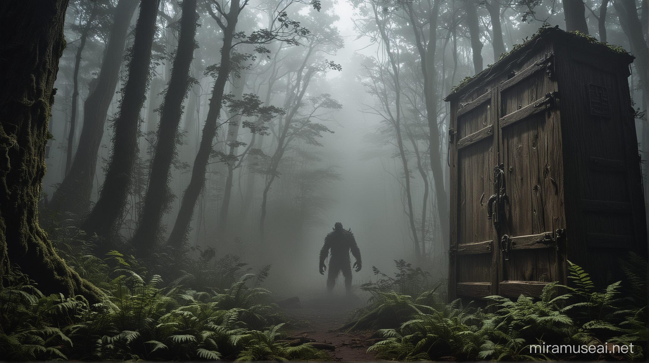Background: A mystical forest setting with towering trees and mysterious fog rolling in.The monster is reaching towards a weathered locker hidden among the foliage, its clawed hand gripping the latch.Centerpiece: A large, fearsome monster emerging from the shadows, its glowing eyes piercing through the darkness.