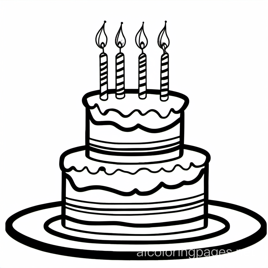 Simple three tiered birthday
 cake with no background, Coloring Page, black and white, line art, white background, Simplicity, Ample White Space. The background of the coloring page is plain white to make it easy for young children to color within the lines. The outlines of all the subjects are easy to distinguish, making it simple for kids to color without too much difficulty