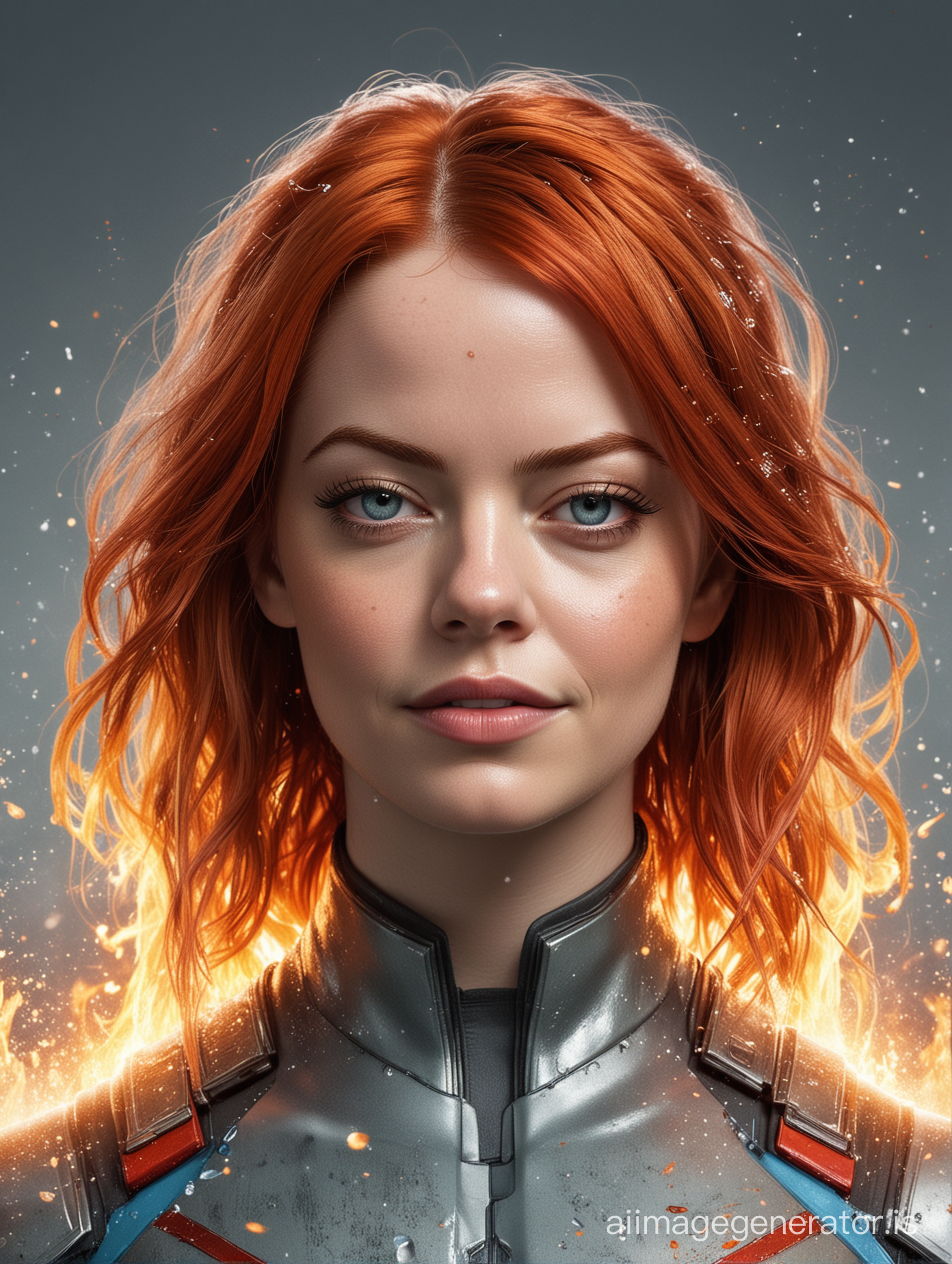 emma stone in fire and water female superhero suit with full white background, in front face shot, with half red hair on left side of her head, and light blue hair on right side of her head, in A4 portrait, with some fire and water elements, and some headspace on the top of image to see her full head