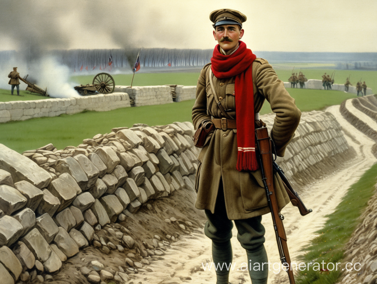 handsome, dressed in a red scarf a meter long, rifle behind his back, background trenches on the fields of Verdun