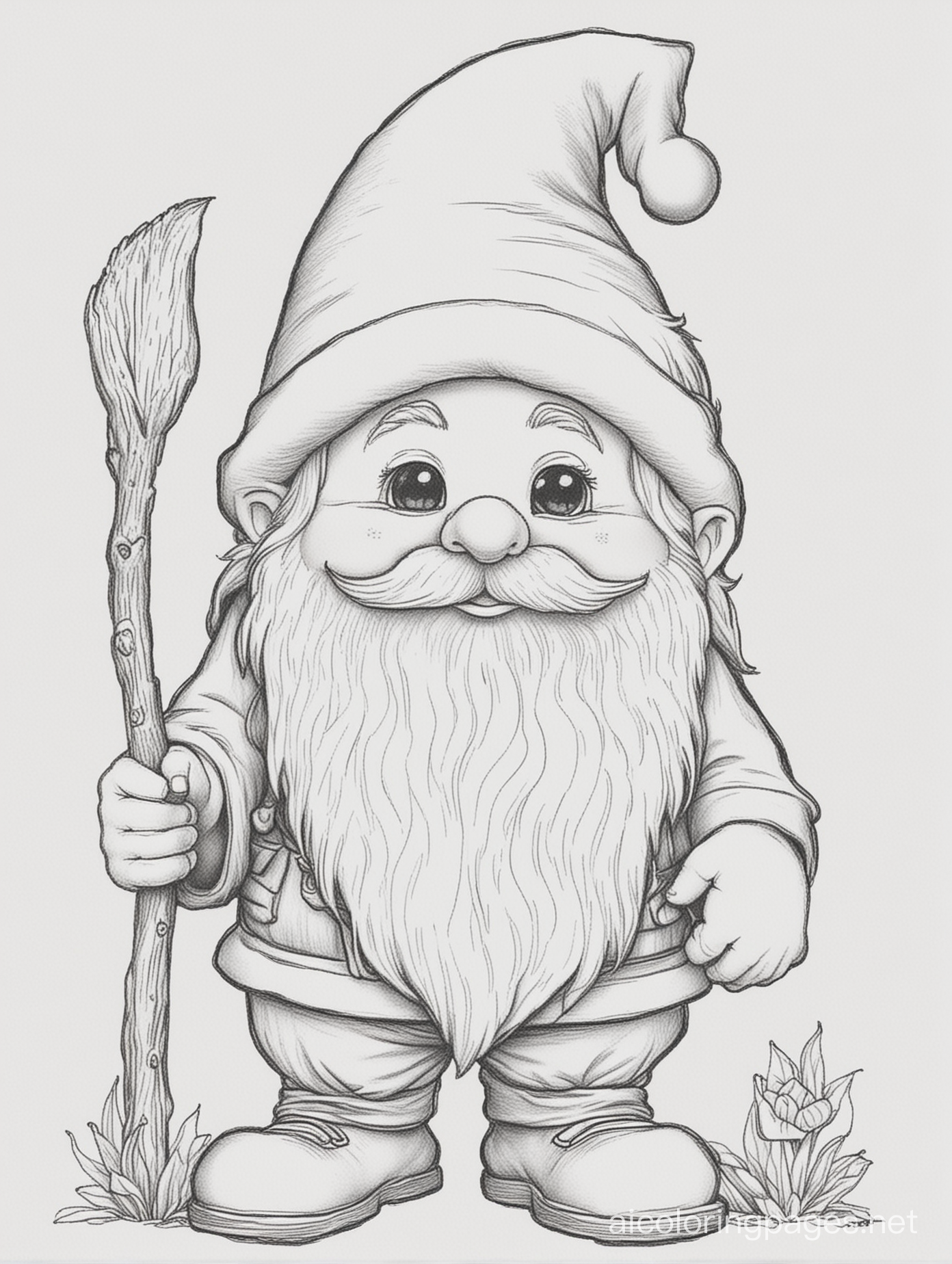 gnome, Coloring Page, black and white, line art, white background, Simplicity, Ample White Space. The background of the coloring page is plain white to make it easy for young children to color within the lines. The outlines of all the subjects are easy to distinguish, making it simple for kids to color without too much difficulty