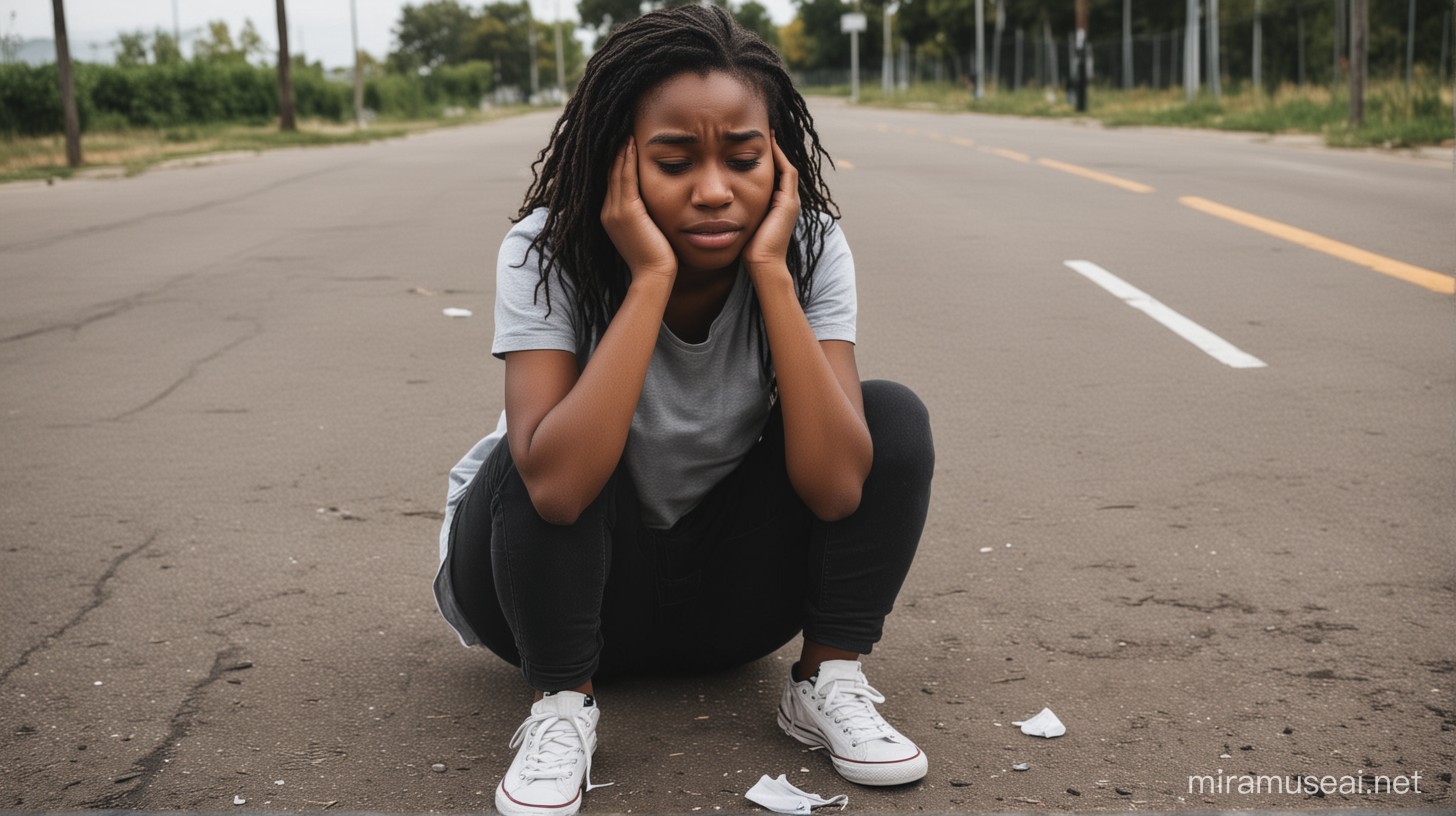 create a real high definition photo of a black teen girl sad and crying sitting on the ground