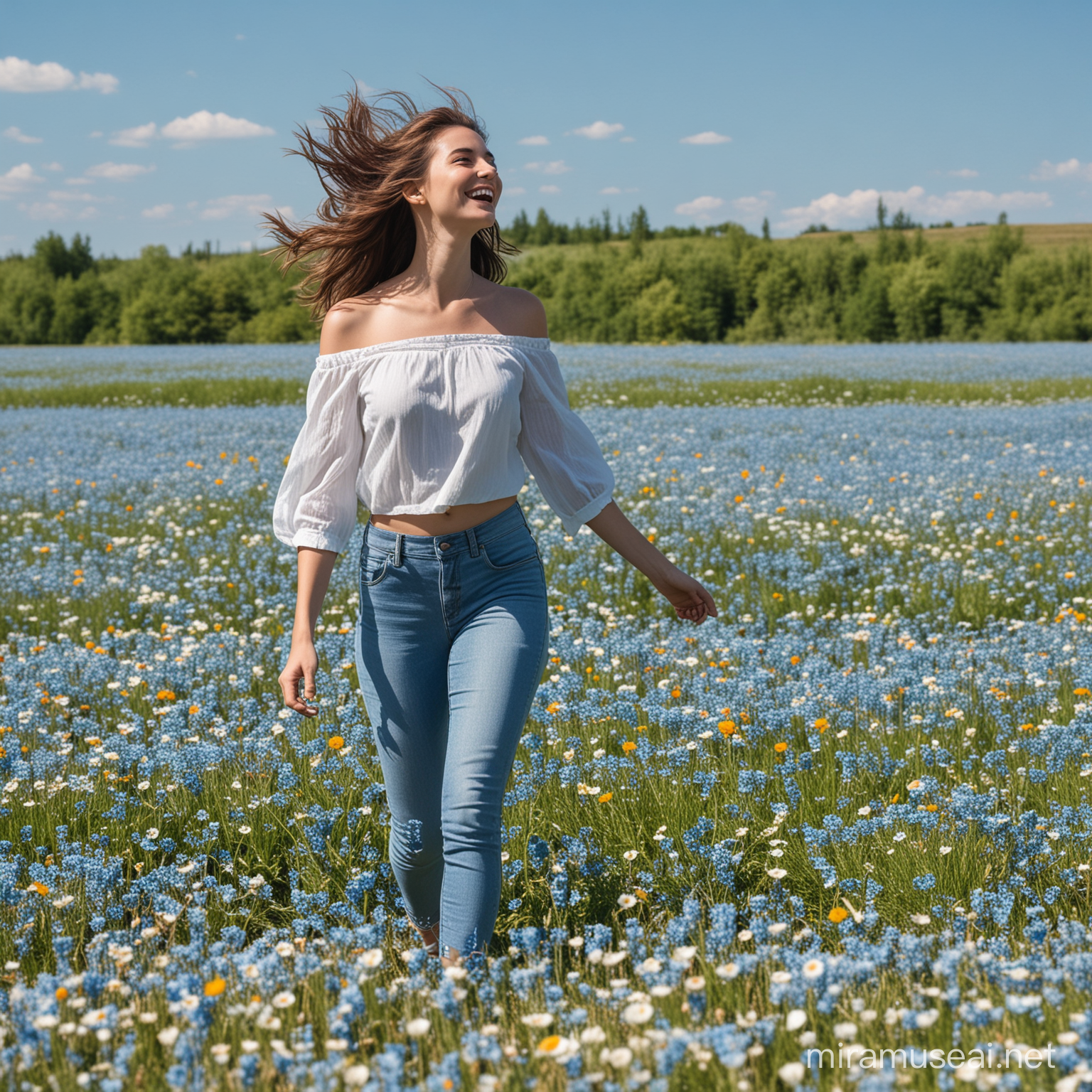 a  happy young woman, lateral view, walking on the flowery field, blue sky