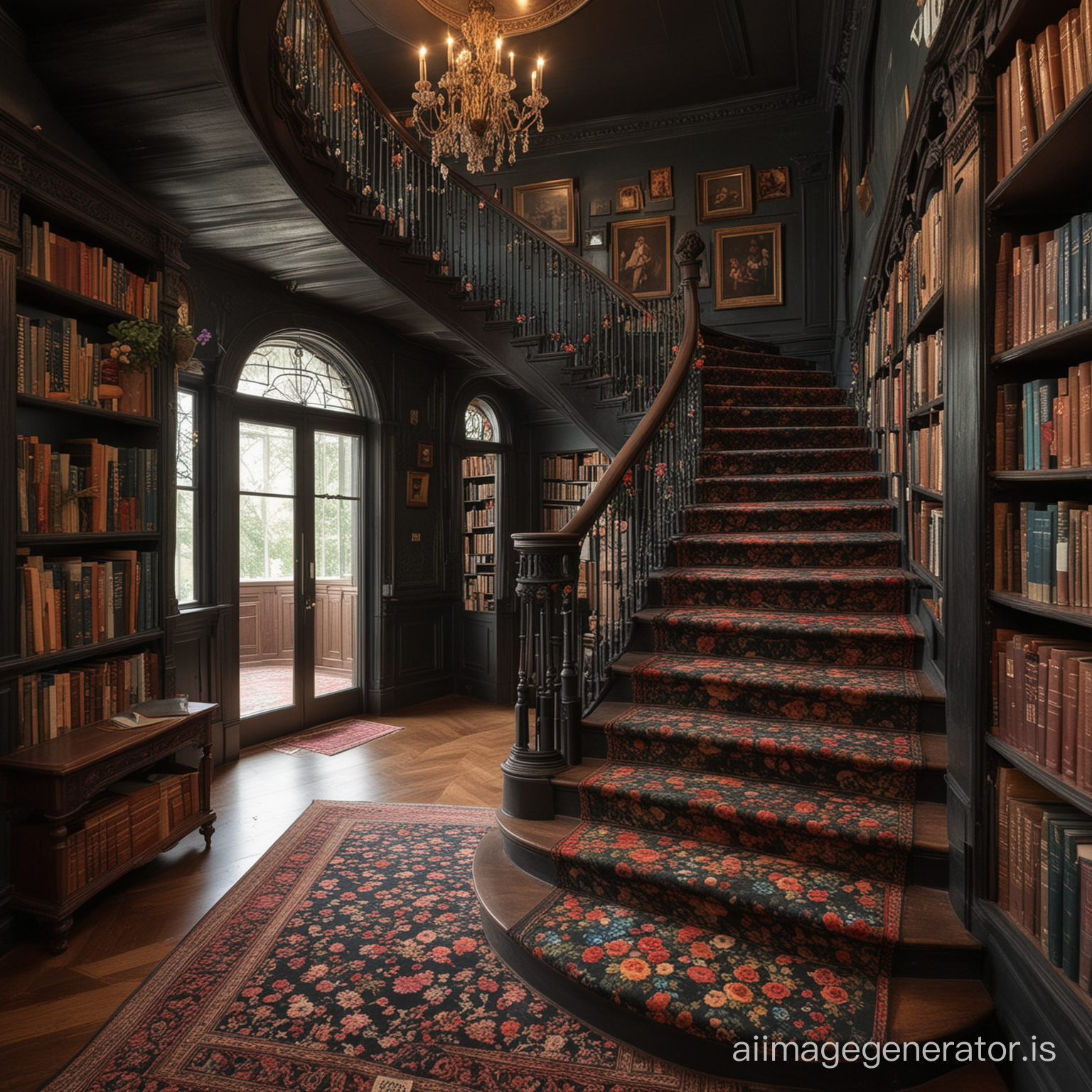 victorian style library with a staircase that has color full flowers all over staircase dark like in a dream with no pot and make the staircase go in a circle going down with a all of color but the stair going to the left with no carpet on the stair