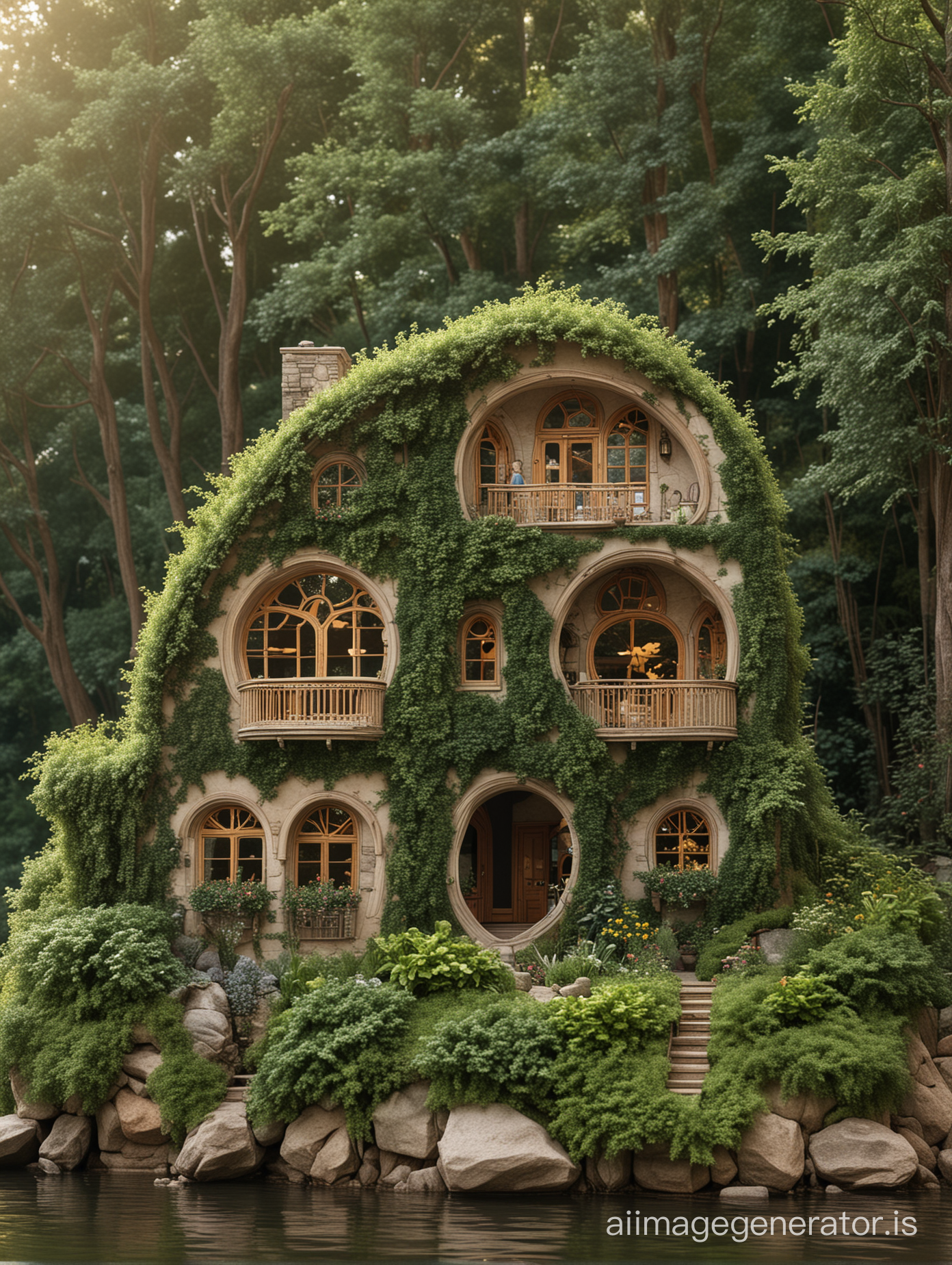 Maison poupée et magi que de 2 étages avec des fenêtres ovales  faite des arbres vivants situé sur une colline donnant sur une rivière .