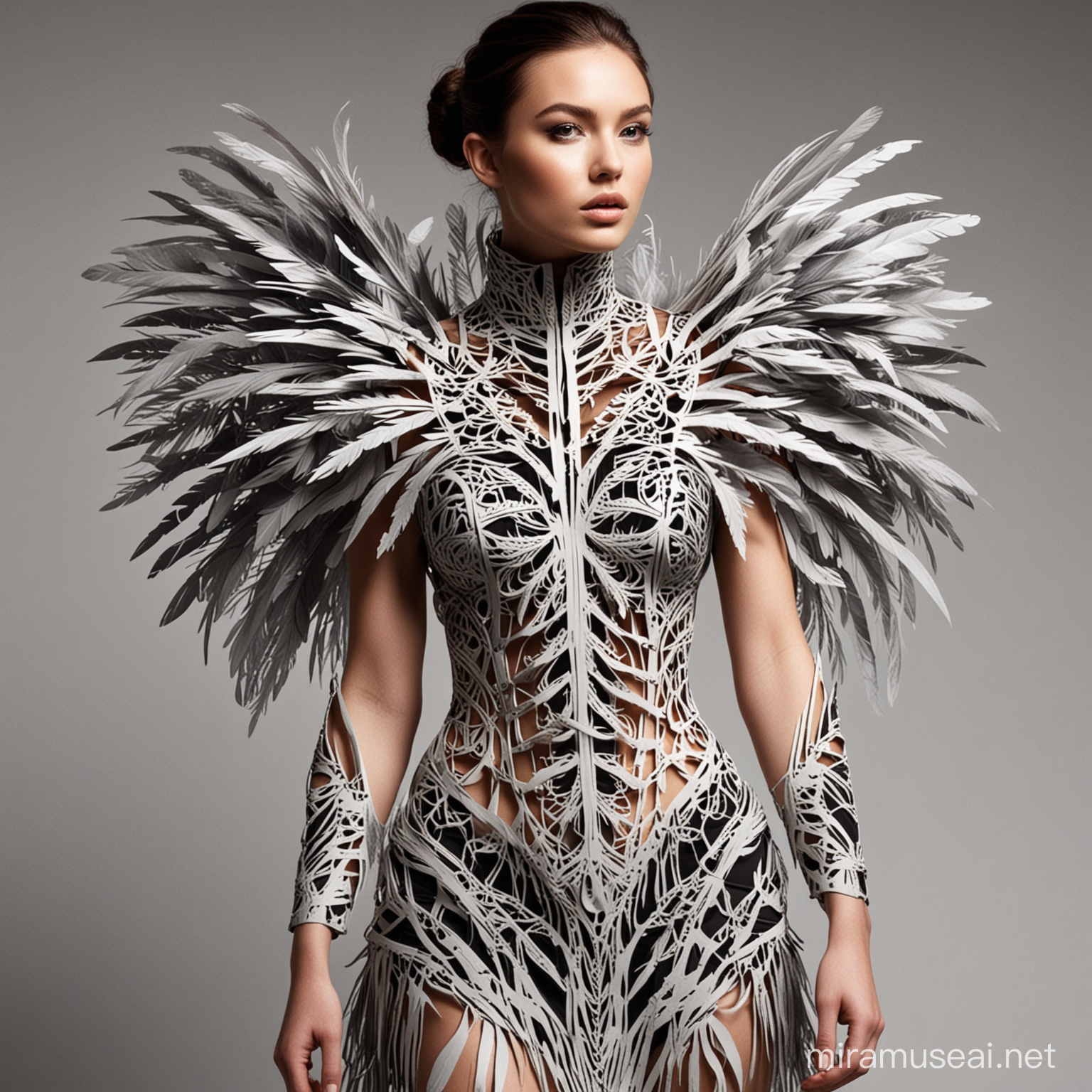create an full avant garde wearable art inspired by laser cut structural in some part of body and feathers look