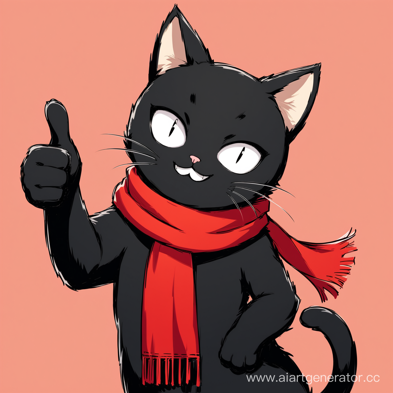 Нарисуй чёрного кота с белой мордочкой и с красным шарфом, в аниме стиле, который показывает палец верх и улыбается