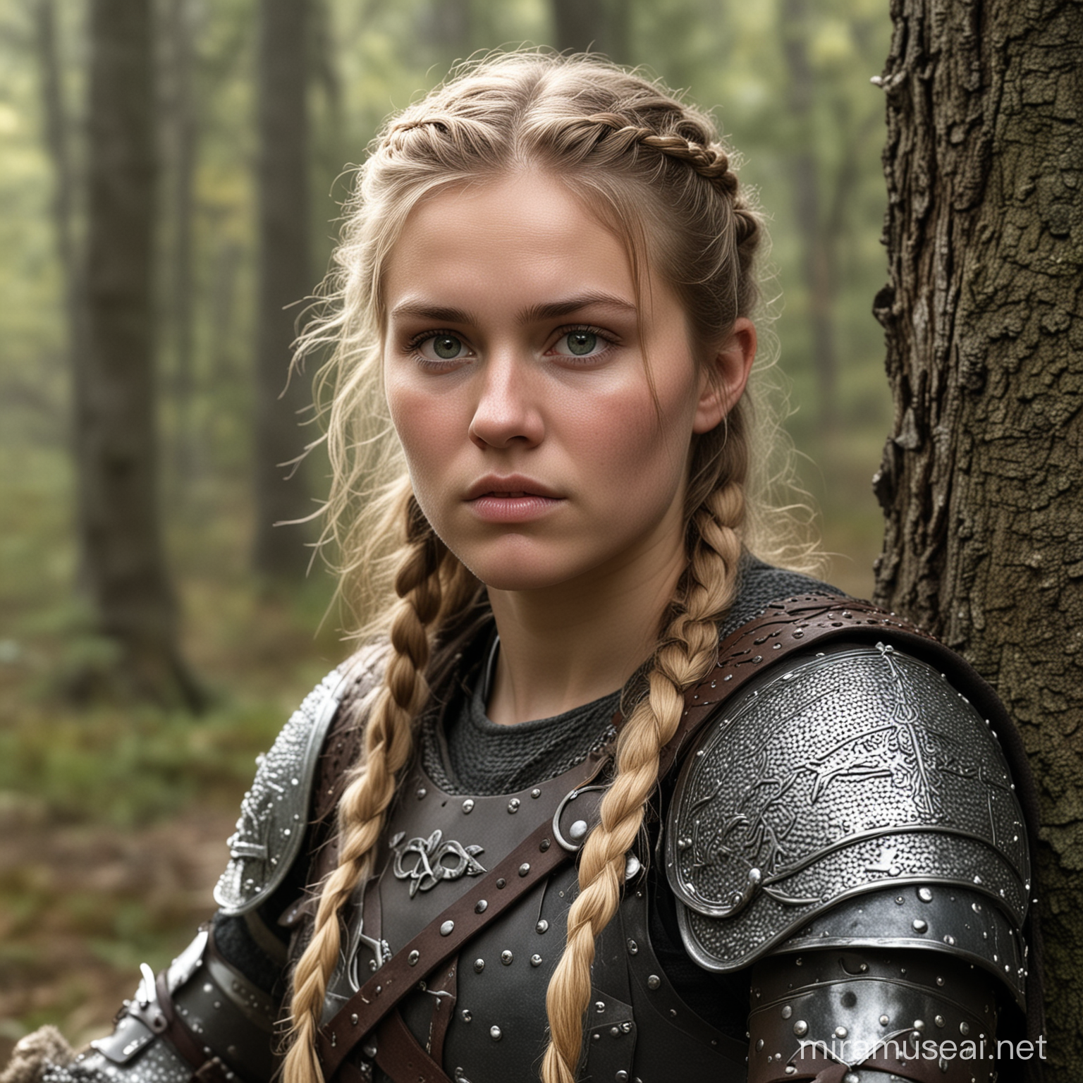 Close focus on a young teenage female viking shieldmaiden in a boreal forest, slim and short nut a bit curvy, armed with broad sword and round shield and wearing a skinny scalemail leather armor, injured dirty and exhausted from surviving a battle, sitting down at a tree, very detailled skin and face and eyes, rich skin and clothing texture, very high detail, ultra high quality