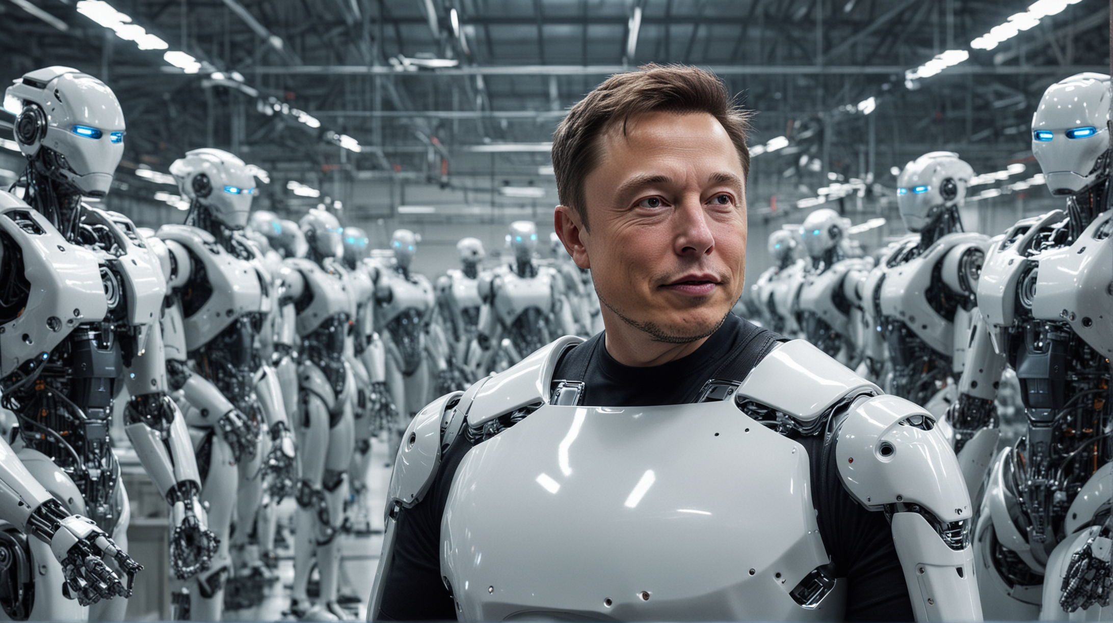 elon musk future surrounded by robots 
