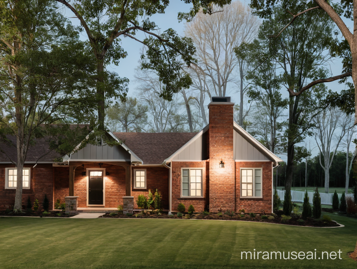 rustic medium home rancher house; brick walls; white accents; white trim; metal lighting; lawn, daylight
