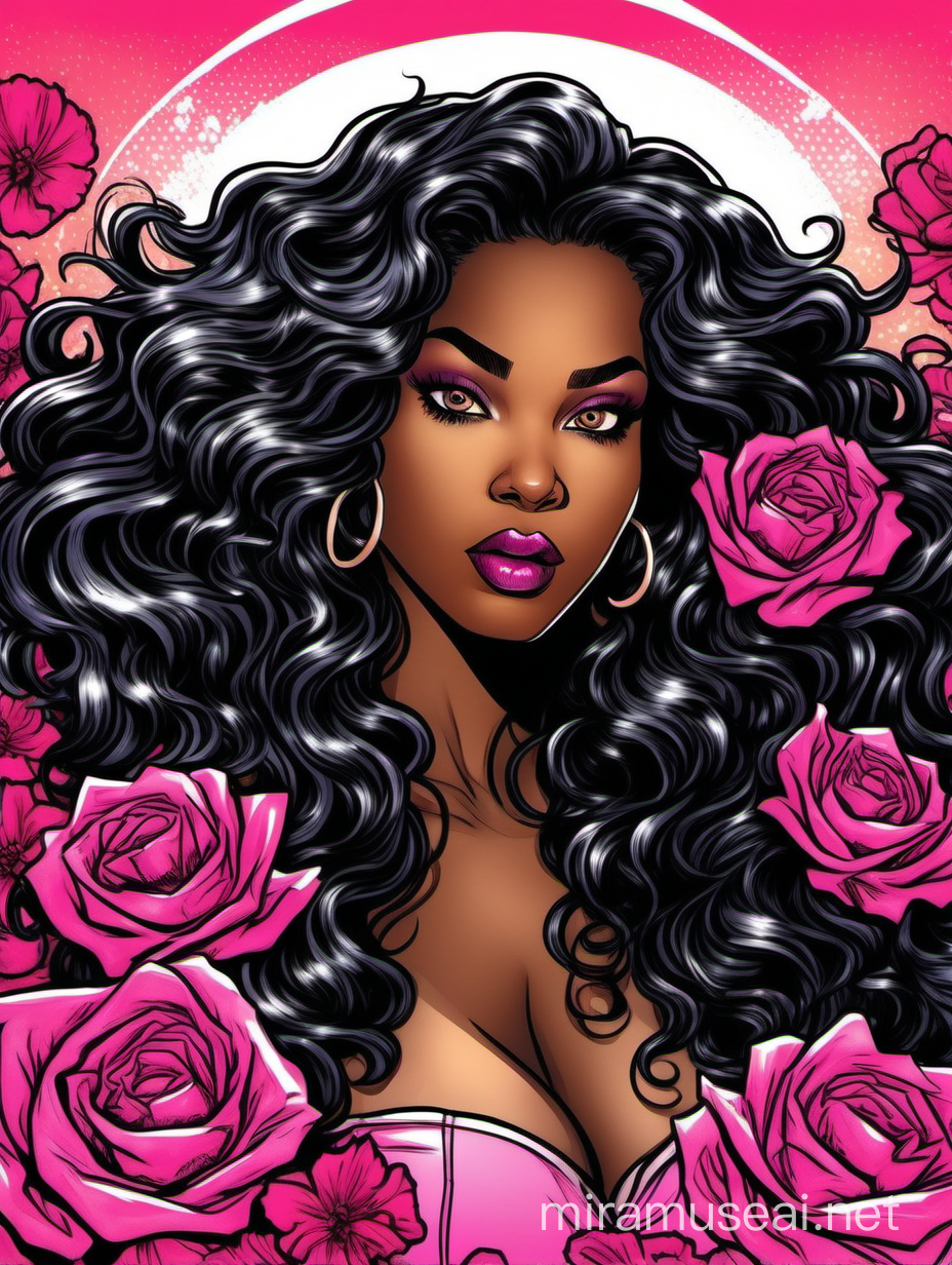 create an comic book art image of a black curvy female looking to the side with a large mane of wavy black hair flowing in the win. prominent make up with hazel eyes. Highly detailed hair. Background of hot pink flowers surrounding her