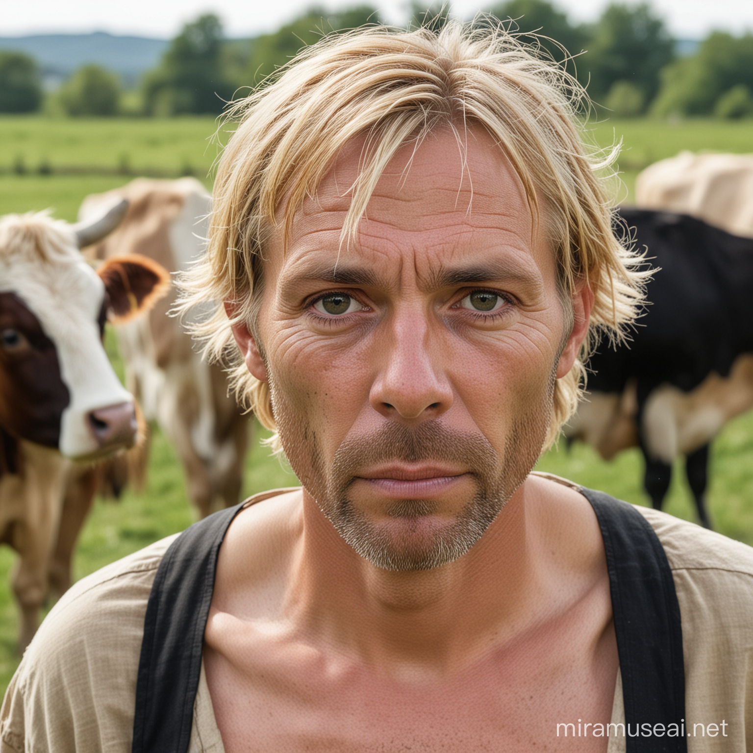 Homme, 45 ans, visage rond mais amaigri, yeux noirs et cheveux blonds. Dans le fond des vaches dans un pâturage. Une tenue de fermier dans l'antiquité