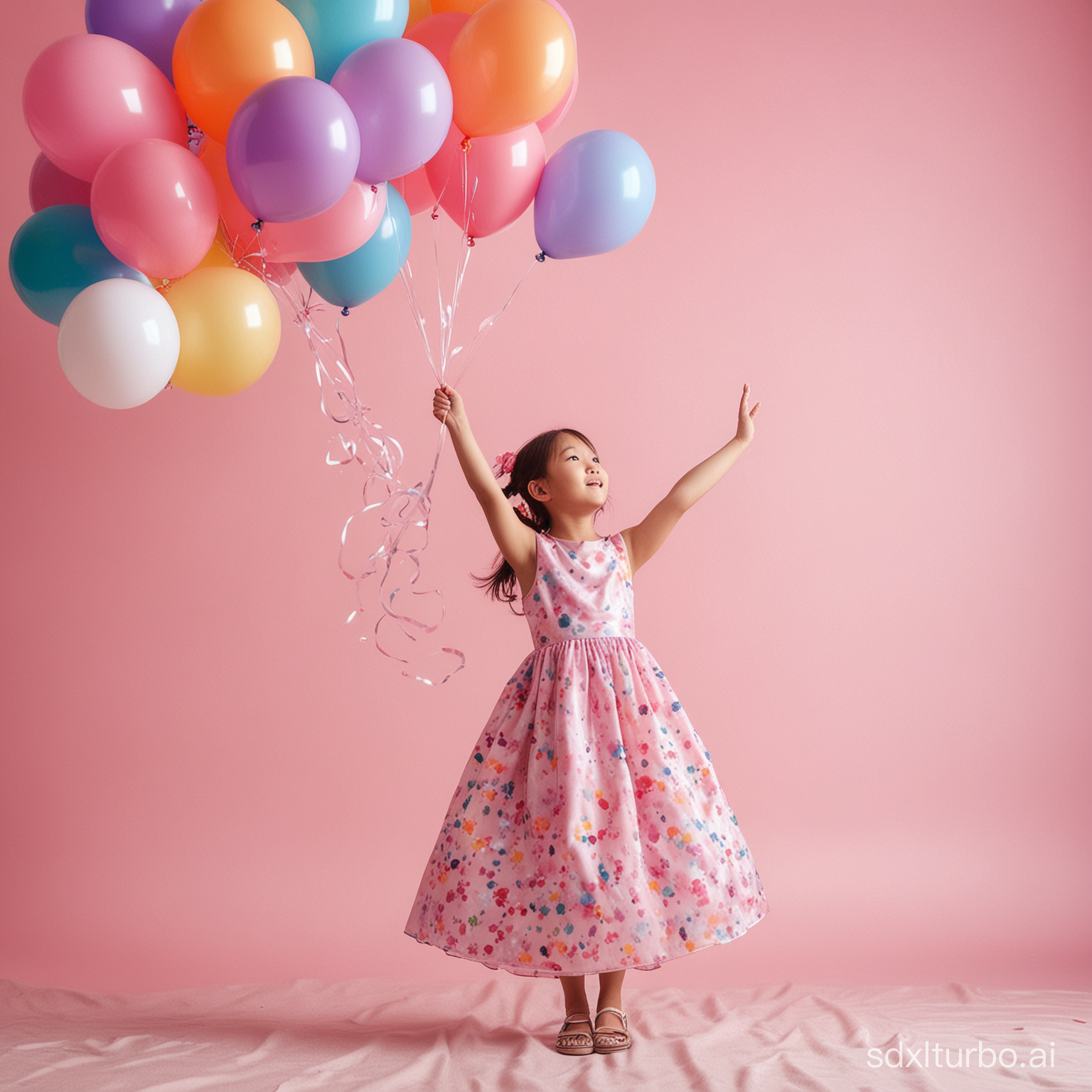 A little Asian girl, 10 years old, wearing a beautiful dress and flying into the air with a bouquet of colorful balloons, with pink clouds in the background, back view, real photography