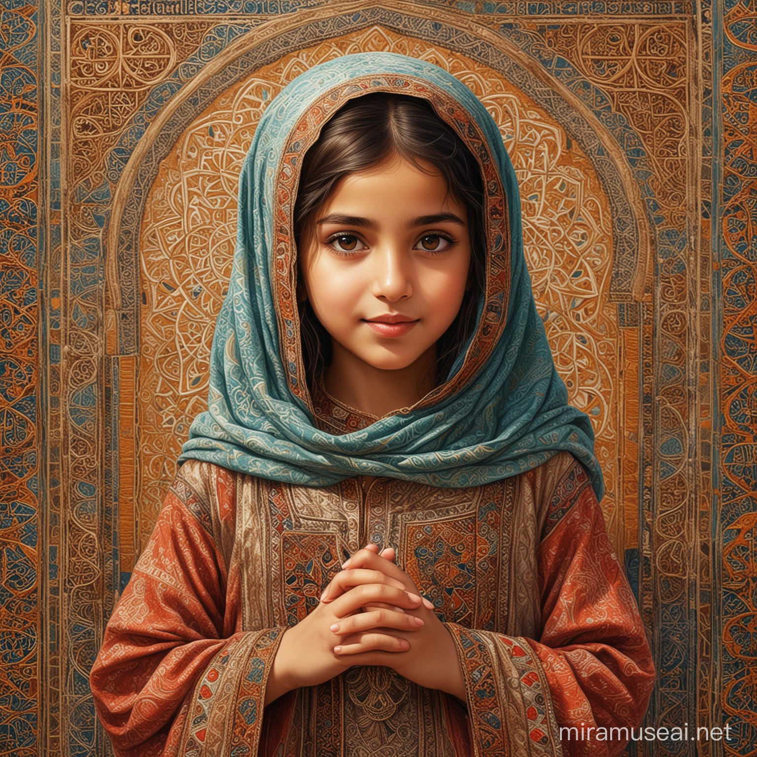very cute little Arab girl of rare beauty, folk clothes, background with Arabic patterns, fantasy art, fine lines, textures, ink painting, acrylic, vintage, patchwork, detailed illustration of a collection of short stories, surrealism, Tyndall effect 9, dynamic lighting, sfumato, perfect proportions, high detail, full body