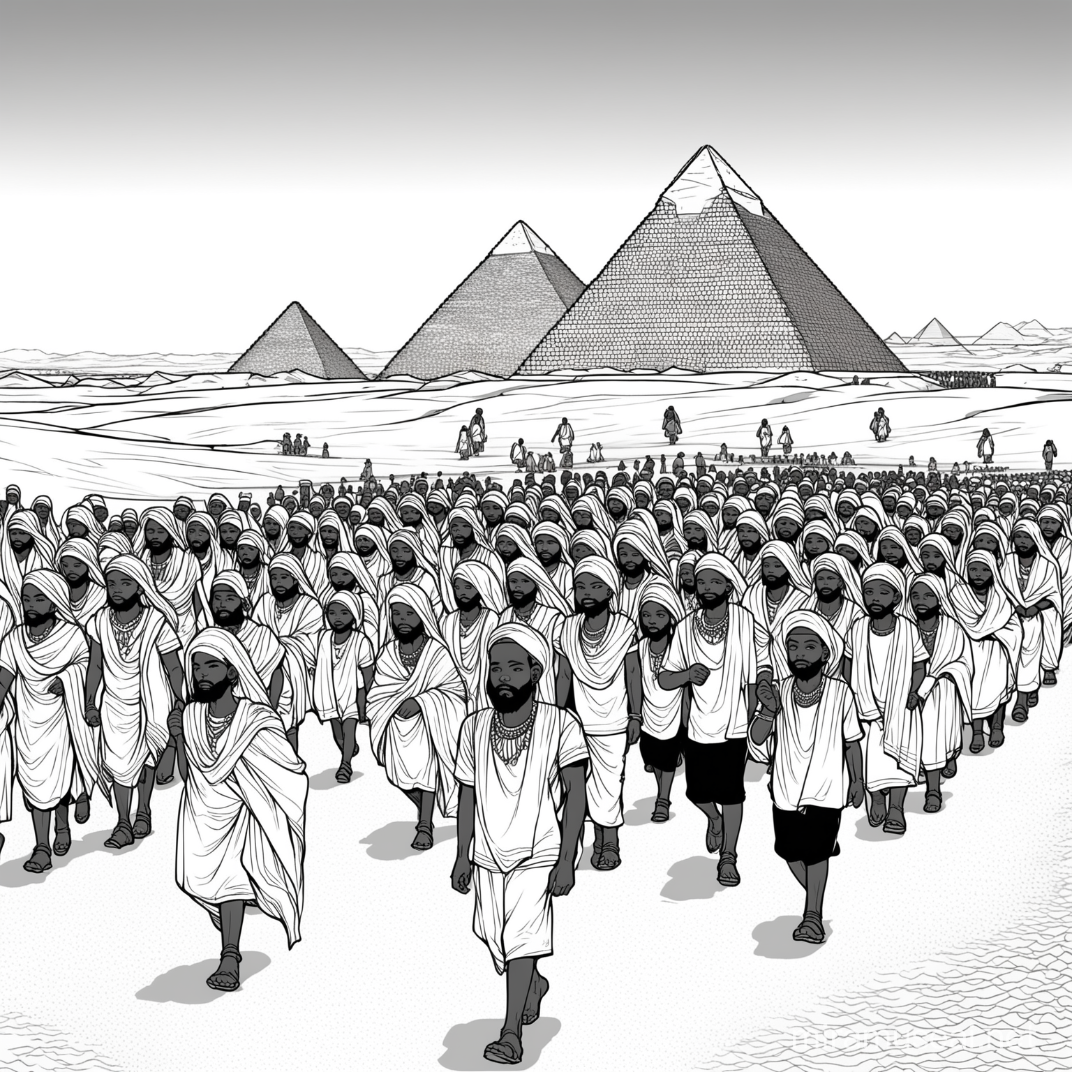 Many Black people, bearded, black men, black women heads covered with shawls, little black boys and little black girls traveling on foot through the dessert, with pyramids in the back ground, coloring page, black lines white background