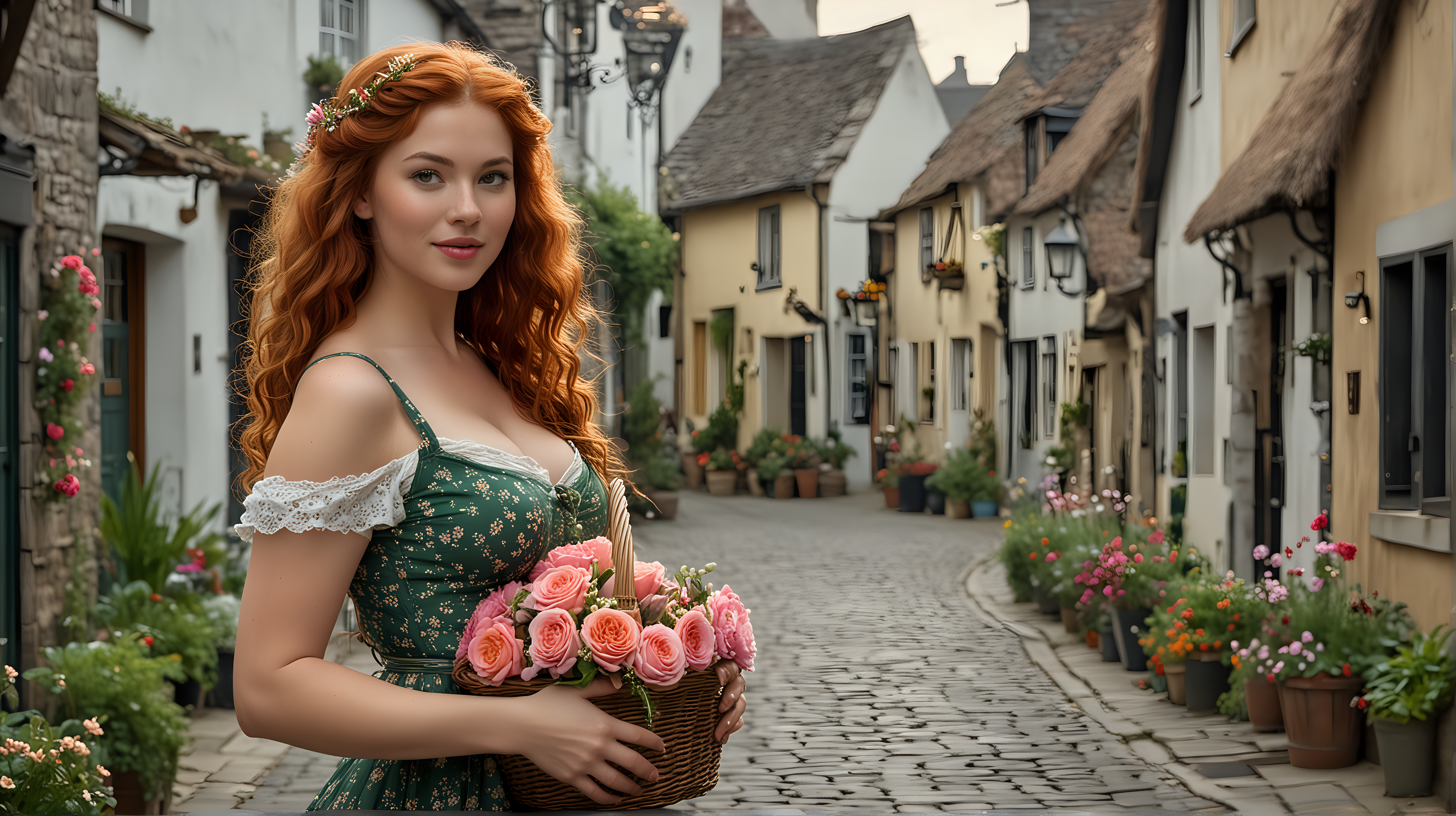 high-resolution full-length composition, photograph captures the enchanting essence of Merida from Brave, she's 40 years old, as she stands on a cobblestone street in a small village. Her very-long wavy red hair cascades around her shoulders, framing her features with a touch of natural elegance.

She wears a Women's green Floral Printed Spaghetti Strap Dress that accentuates her very large breasts and reveals a generous amount of cleavage, it also emphasizes her shapely legs. Her makeup is applied with a skilled hand, featuring heavy eyeliner and pink lipstick that enhances her flirty smile.  She has freckles across her cheeks and nose. white shoes, she's carrying a wicker basket full of flowers

Against the backdrop of the bustling village square, a flower shop bursts with vibrant color, its windows adorned with bouquets of fresh blooms in a multitude of hues. Pots of lively flowers line the sidewalk, infusing the scene with a sense of natural beauty and charm.

The photograph captures the vivid colors of the scene with clean, sharp focus, drawing attention to the woman's cute smile, thin waist, and wide hips. Every detail is meticulously rendered, from the ultra-detailed lighting to the subtle imperfections that lend authenticity to the image.

With a blend of studio and natural lighting, high contrast, and ray tracing techniques, the photograph achieves a level of realism that brings the scene to life. Random details, such as the texture of the woman's skin and the pores that dot its surface, add depth and dimension to the image, creating a captivating portrait of beauty and grace amidst the quaint charm of the Irish village. dark vignette around the photo