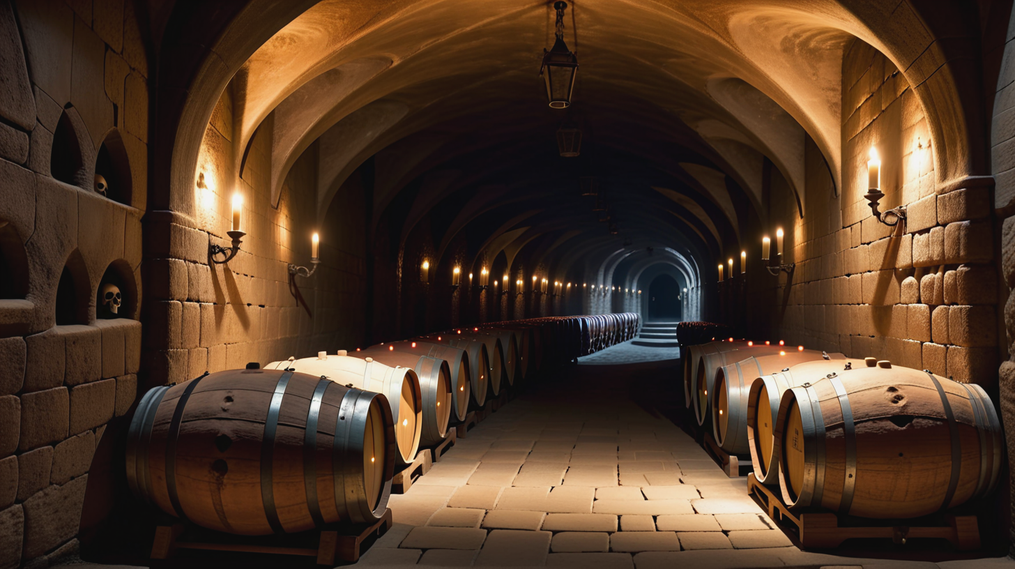 A cask of wine at the end of a long hallway in a gothic catacombs with skulls and torches on the walls