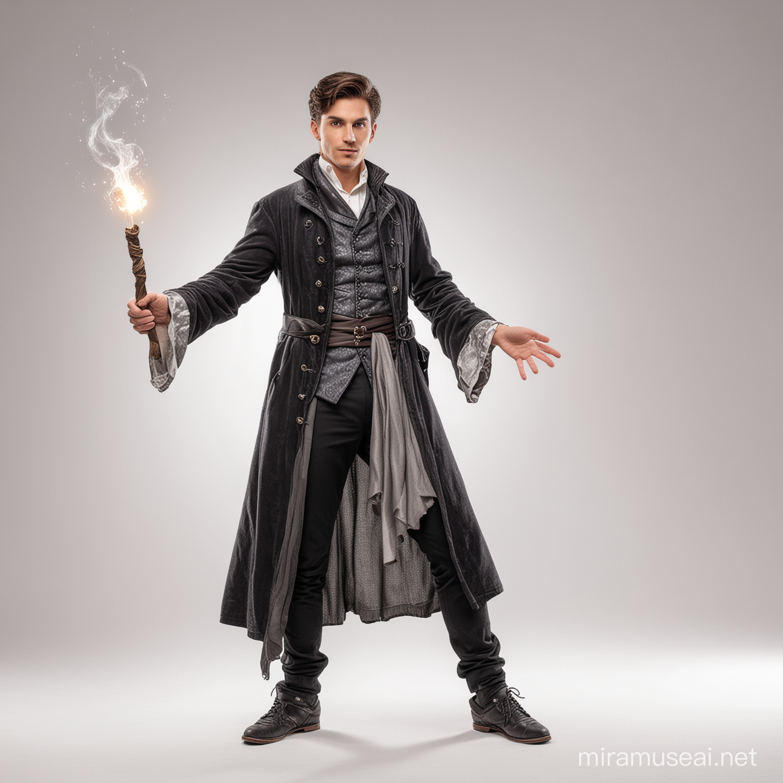 male magic user, white background, full body, wand, casting a spell