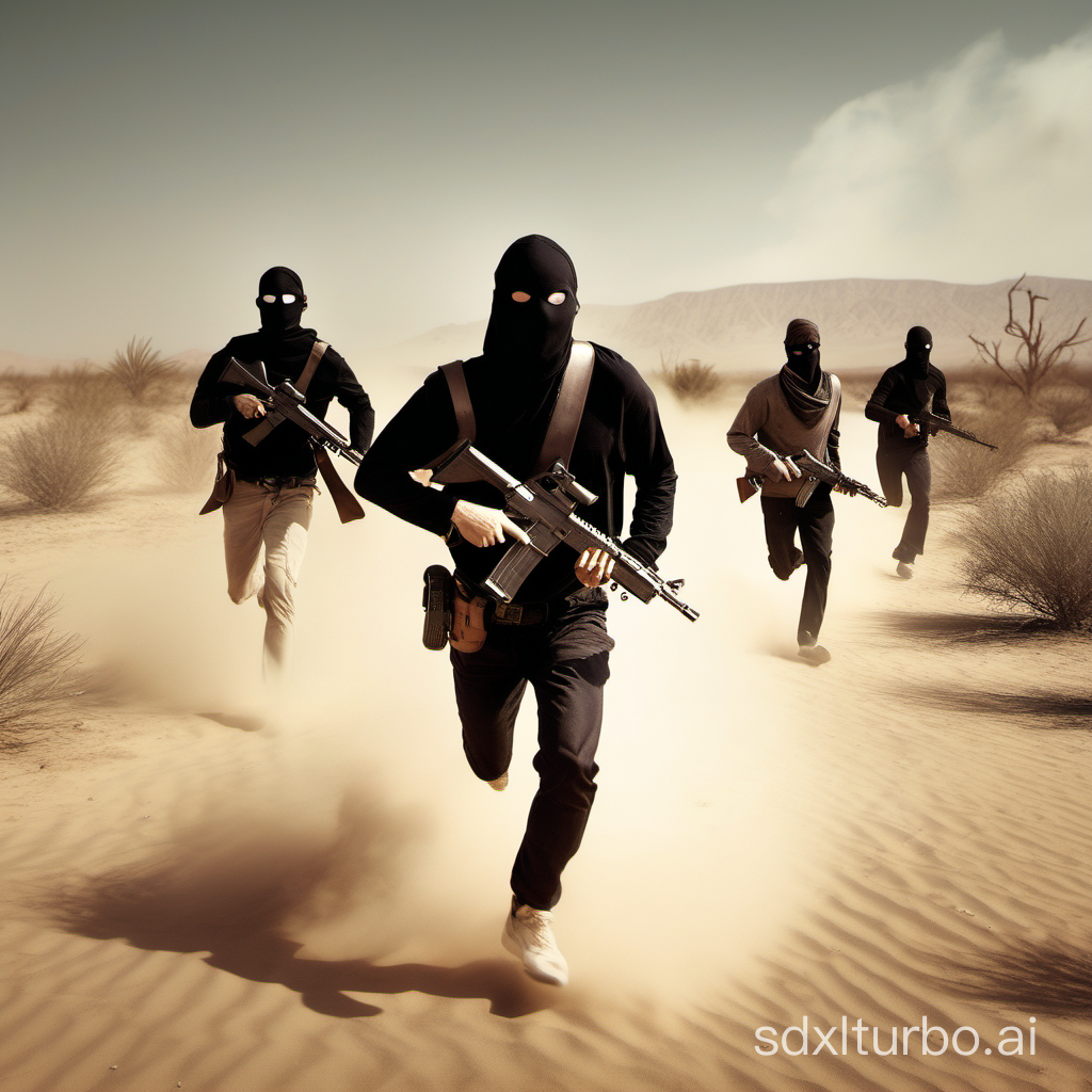 masked people running in the desert with guns