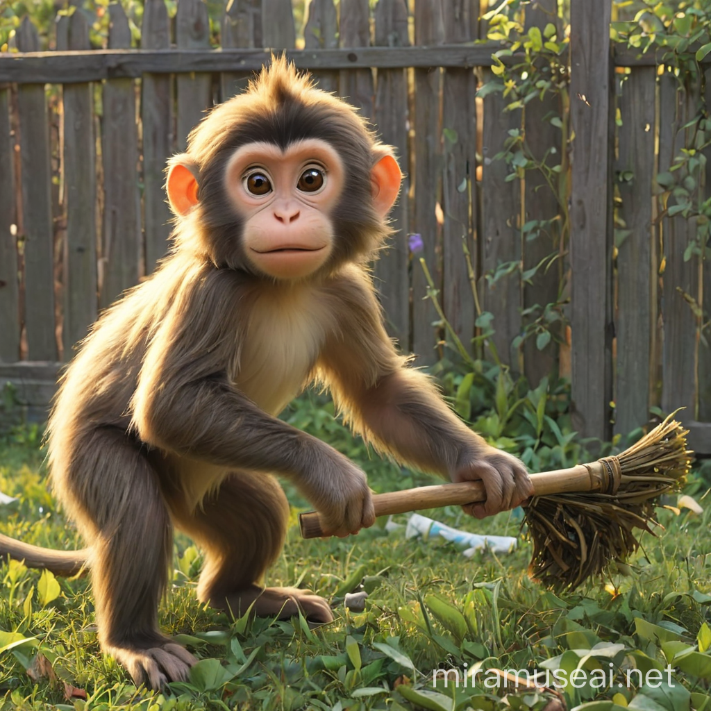 One morning, Lily ( the monkey, same picture as previous picture) took a broom and started cleaning the yard. But when she swept the fence, she found that there was a lot of garbage there,