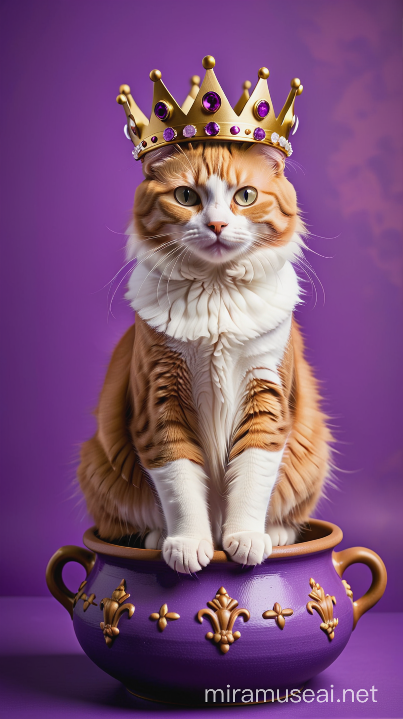 Regal Cat Wearing Crown on Pot Against Vibrant Purple Background