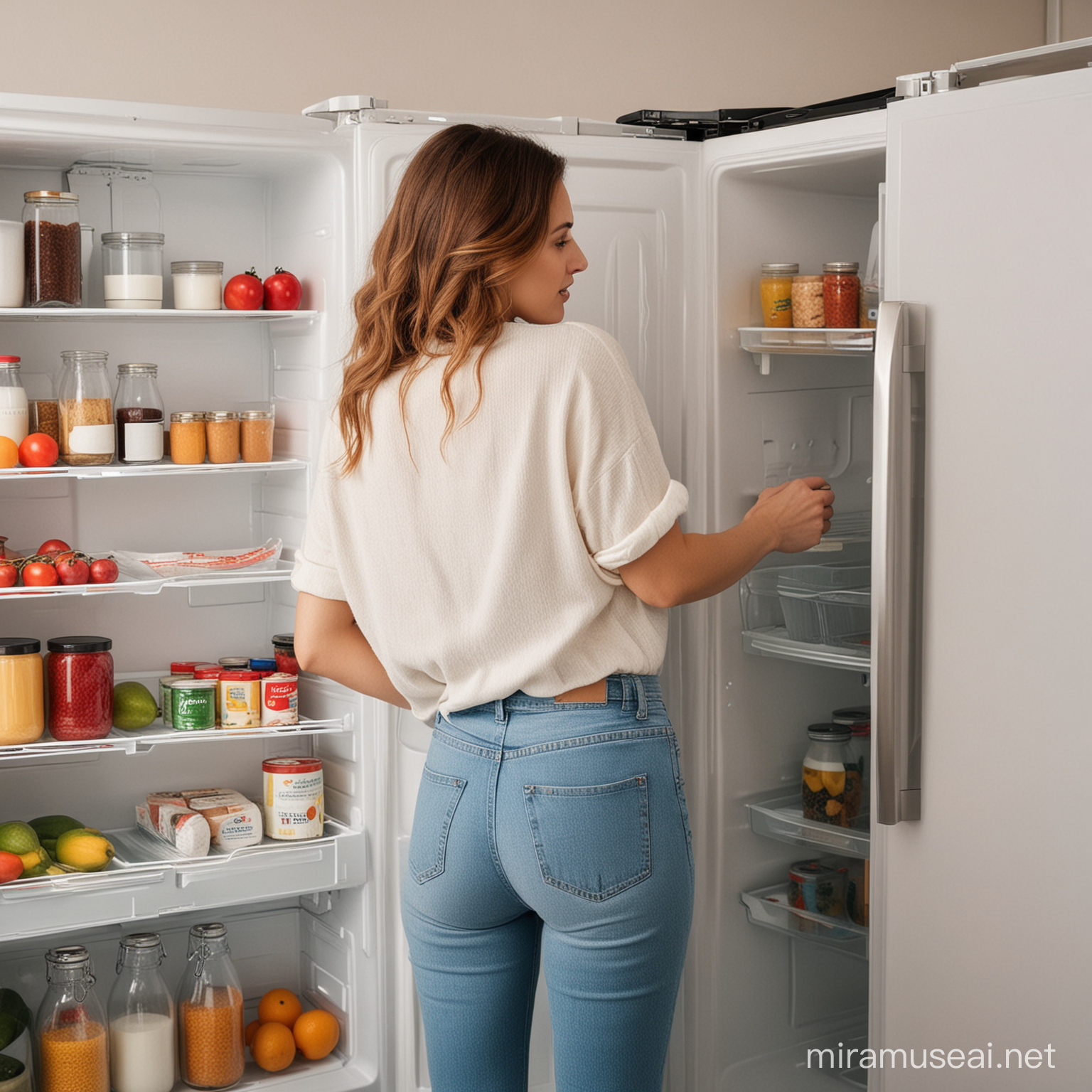 rear view of standing beautiful young white woman putting something in refrigerator