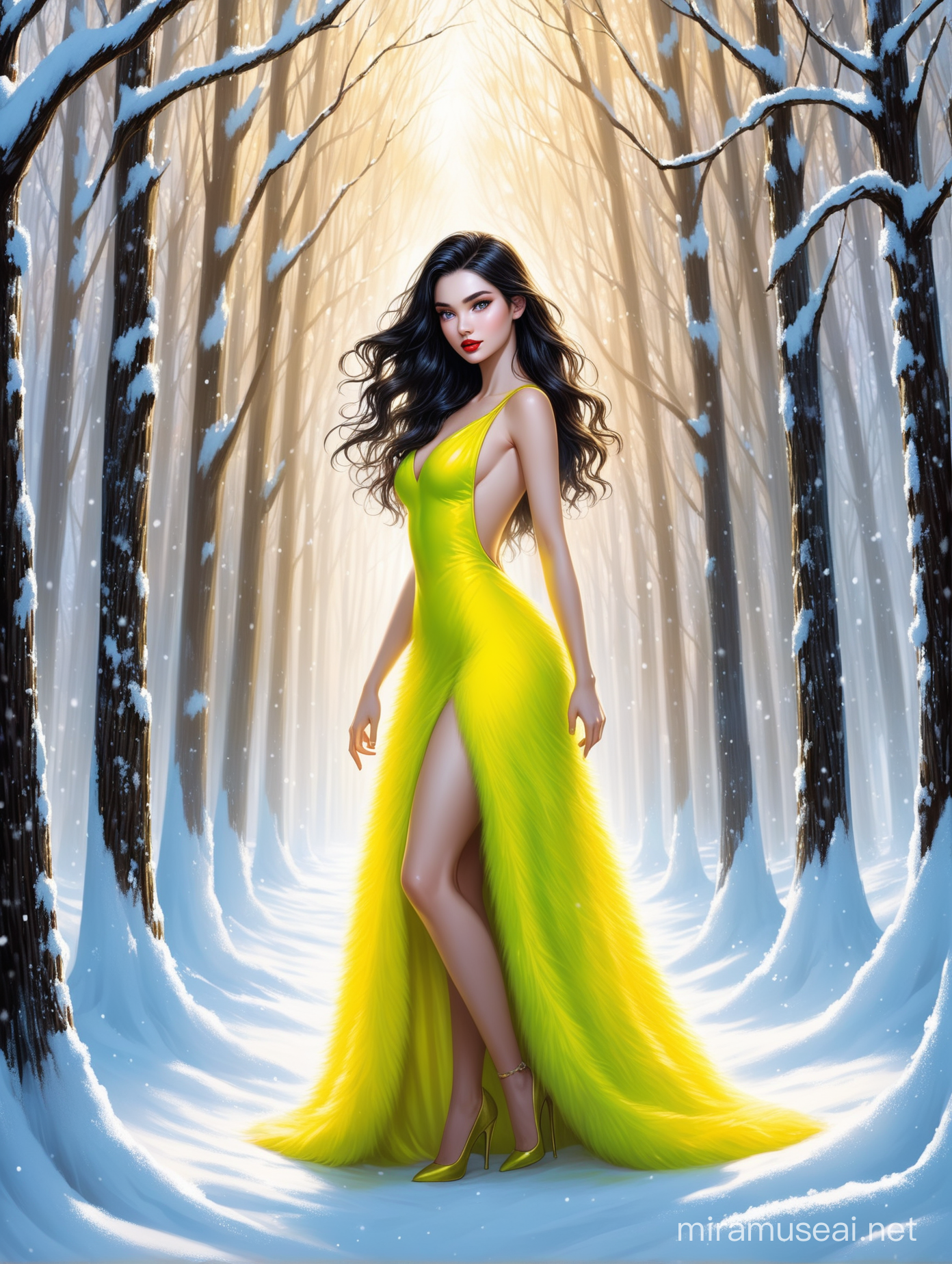 Beautiful Young Woman in Elegant Yellow Dress Amidst Snowy Forest