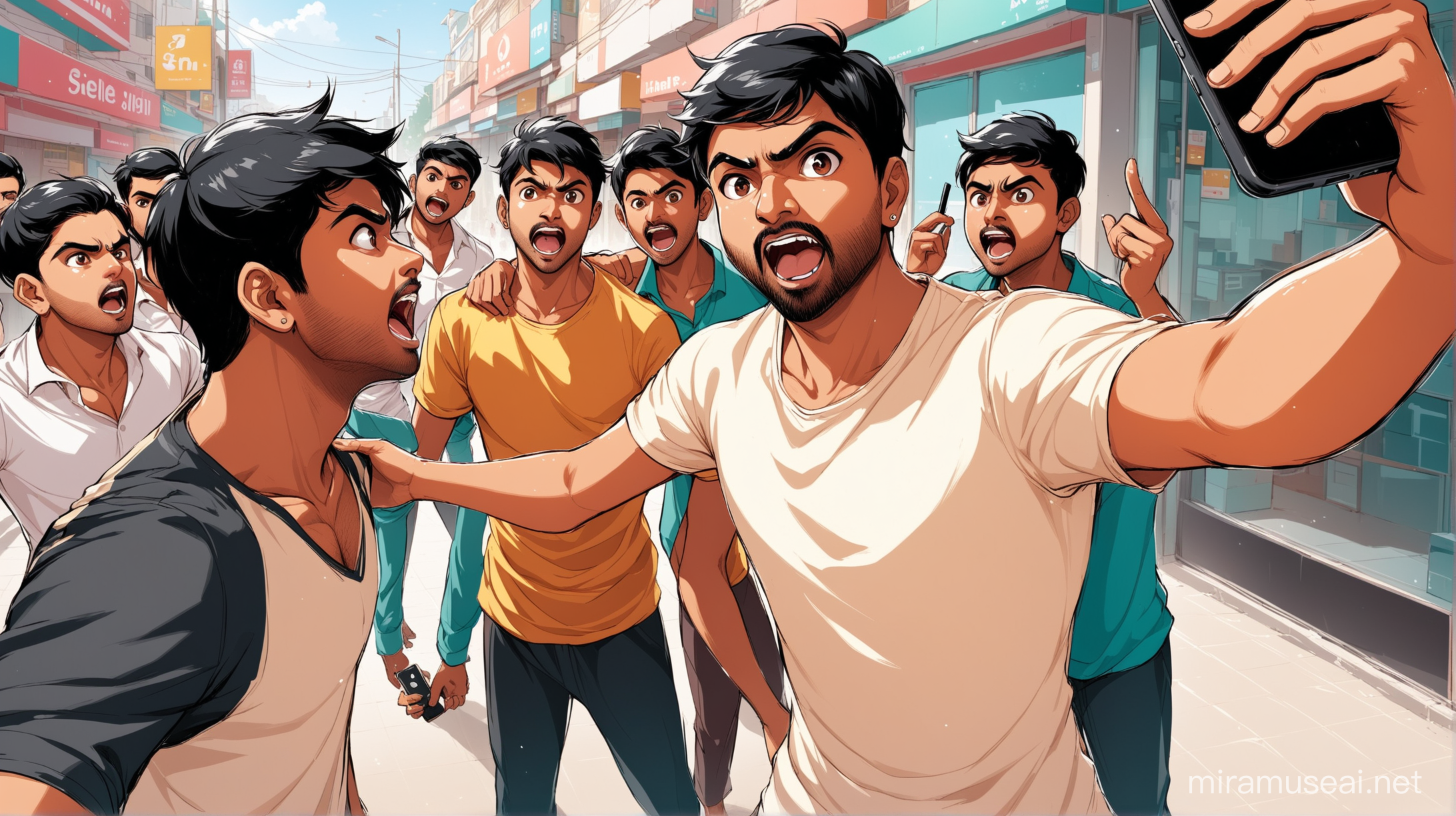 illustration fight between indian boys for selfie outside shop