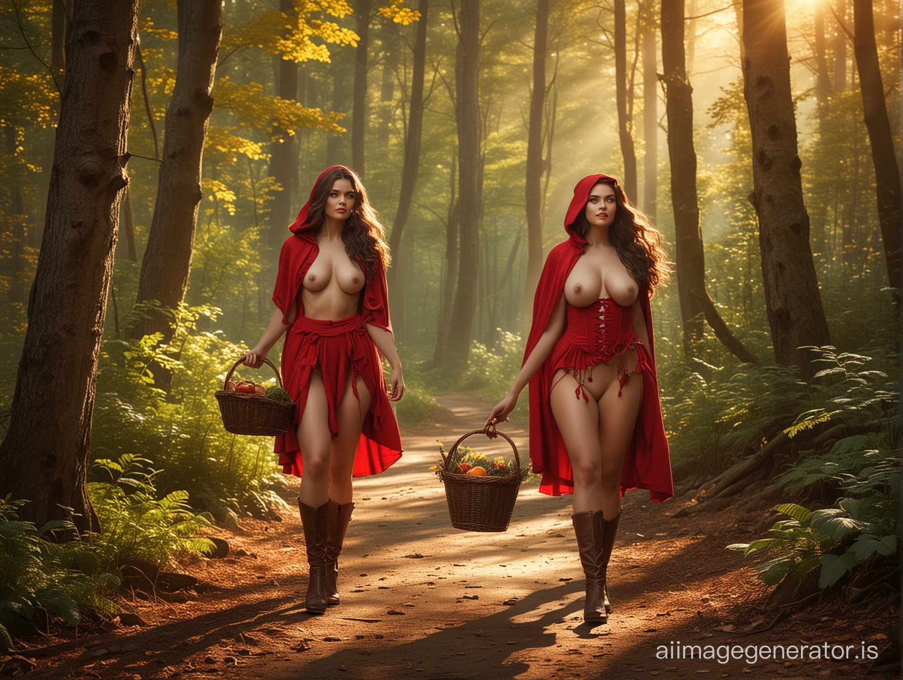 A stunning art-inspired photograph of a modern Little Red Riding Hood, reminiscent of Frank Frazetta's style. A curvy nude woman, who embodies a touch of charm, confidently strides through the enchanting forest, carrying a basket of goods. The background features a mystical, vibrant landscape with towering trees and a setting sun that casts a warm golden glow. UHD high resolution photo perfect for poster or print., poster, photo