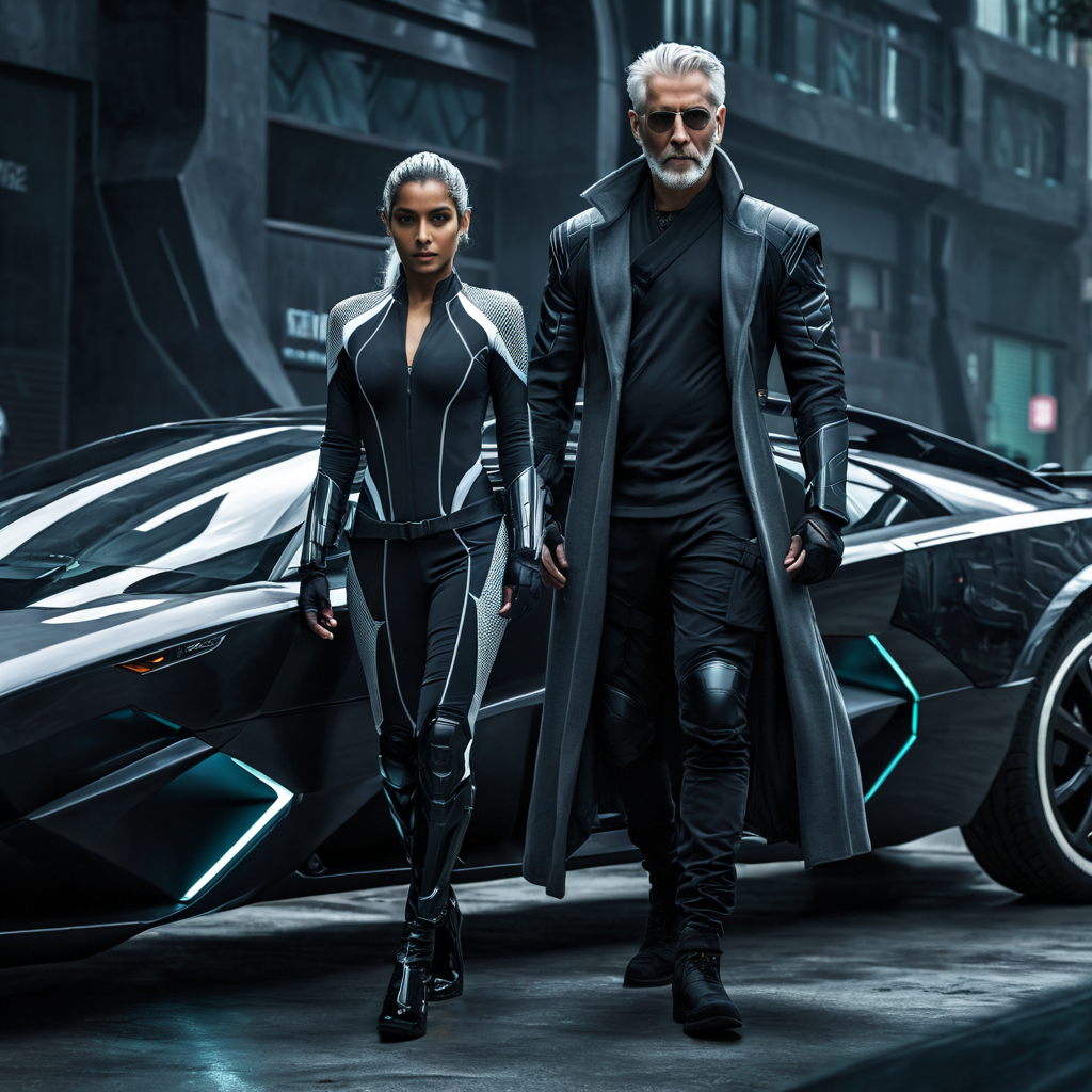 In a dark, futuristic city, a petite, pretty sri-lankan assassin woman with white & lack hair, in a body-suit and a tall, grey-haired 30 year old assassin caucasian man in a long coat, stand next to their air-car