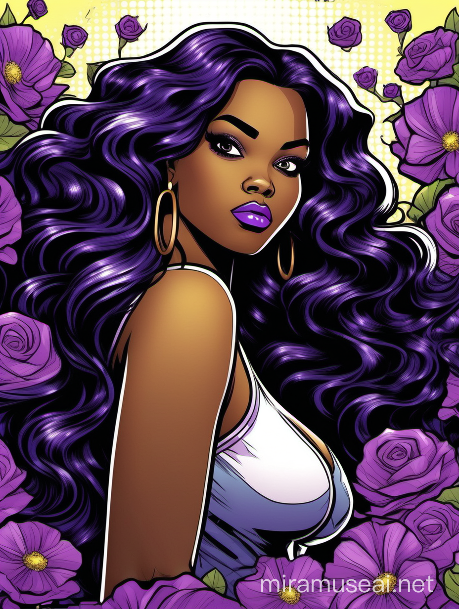create a comic book cartoon art style image with exaggerated features, 2k. cartoon image of a curvy size black female looking off to the side. Prominent make up with hazel eyes. Highly detailed long black wavy hair. Background of purple large flowers surrounding her