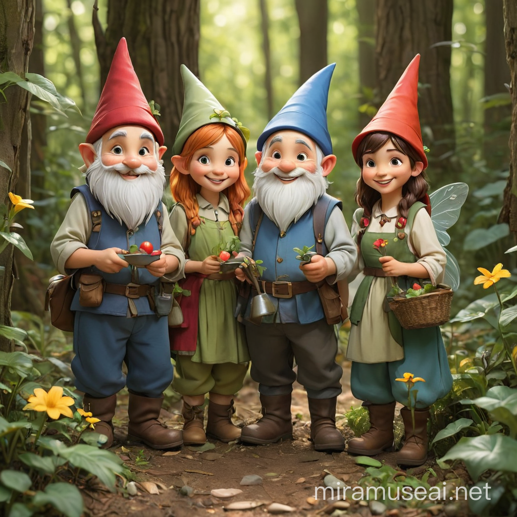 Fairy family, gardening clothes like gnomes, in the woods, trees, friendly smiling 