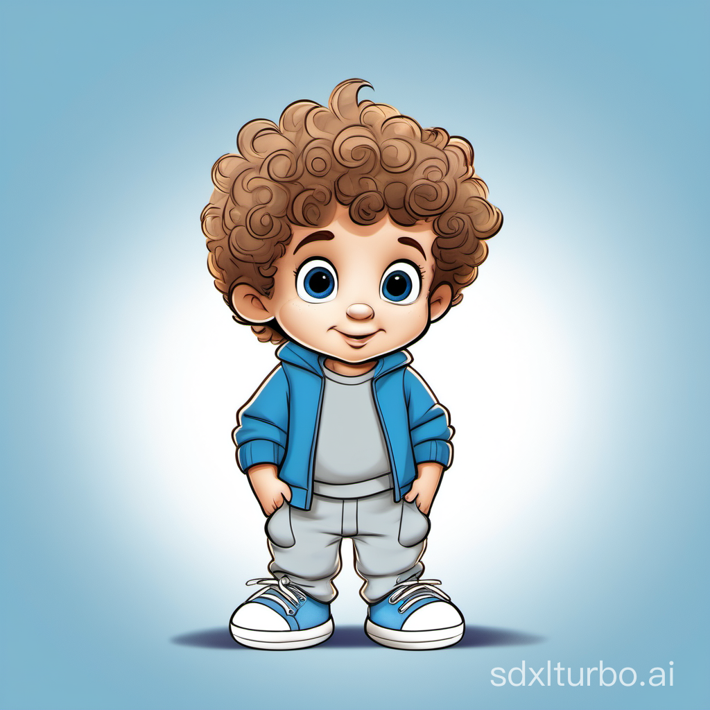 Disney-style cartoon picture of a 2.5 year old boy called Sammy. He has light mousy brown, curly hair. He has dark brown eyes. He's Caucasian and very cute. He's wearing a light grey sweater, blue sweat pants and light blue trainers.