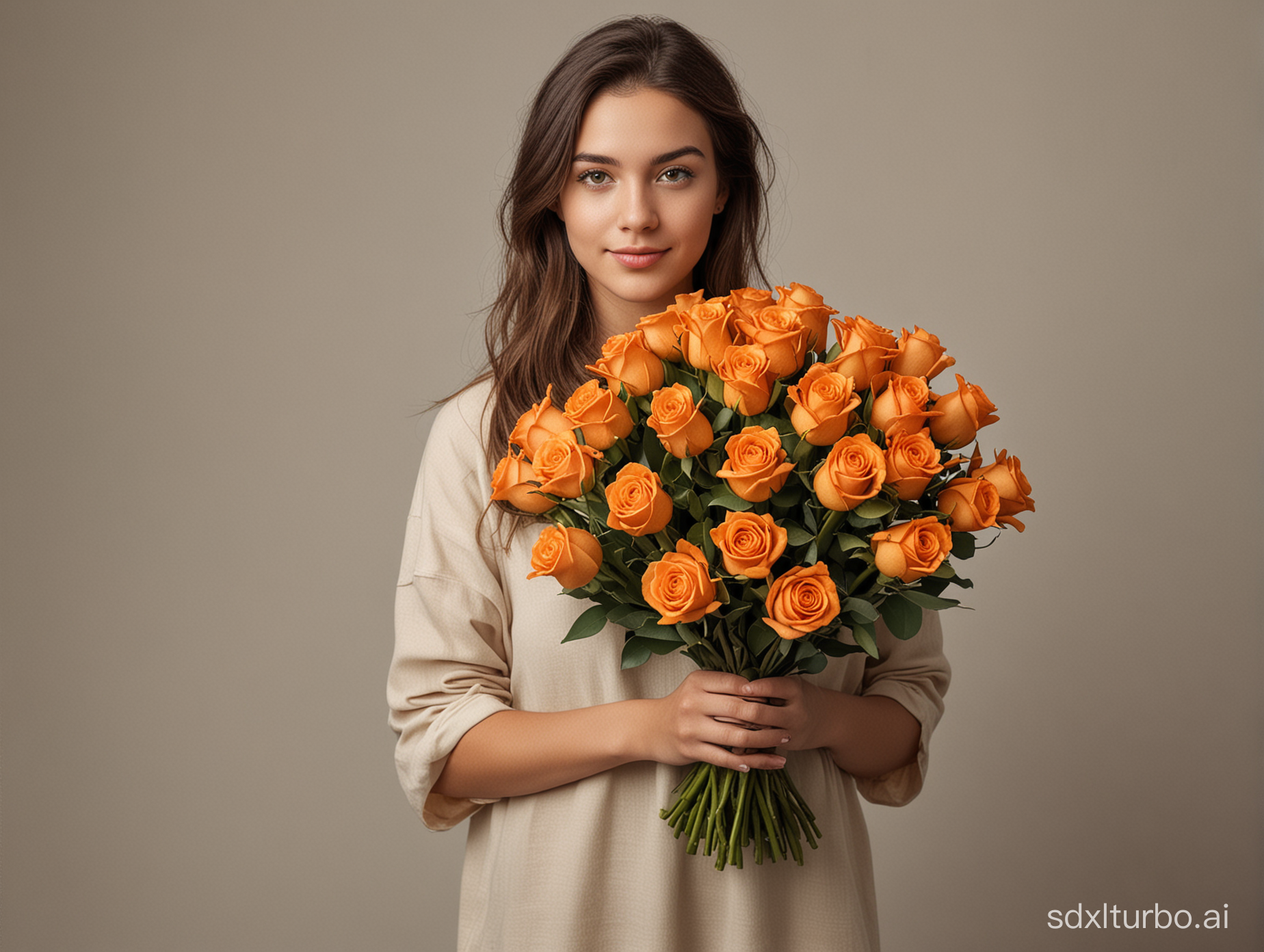 Создай изображение реалистичного фото девушки в полный рост, которая держит букет из 101 оранжевой розы и много букетов похожих вокруг