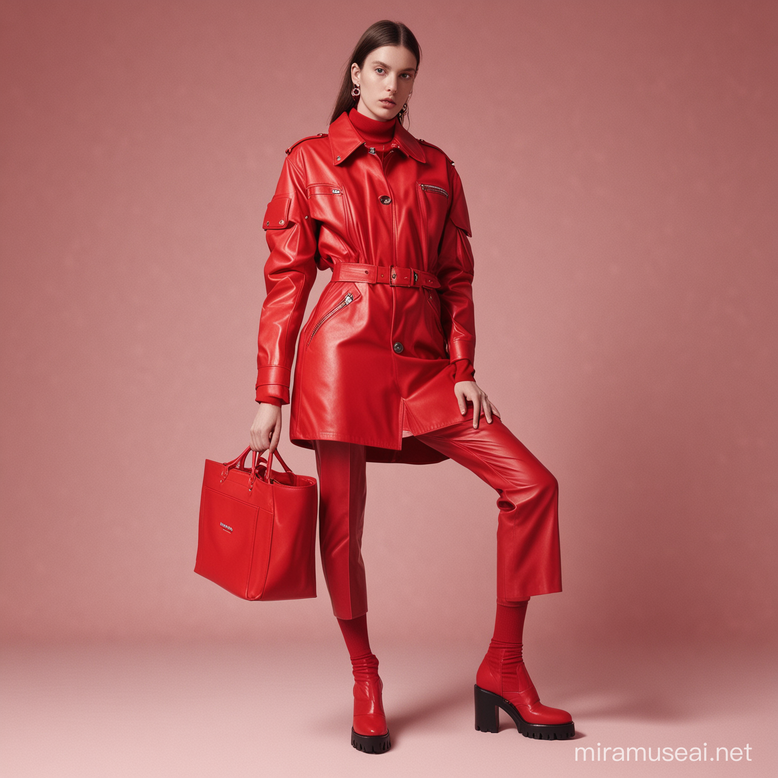Show me a balenciaga campaign. The model is wearing balenciaga clothes. The picture has to be minimalistic. The set of the pictures  is red. 