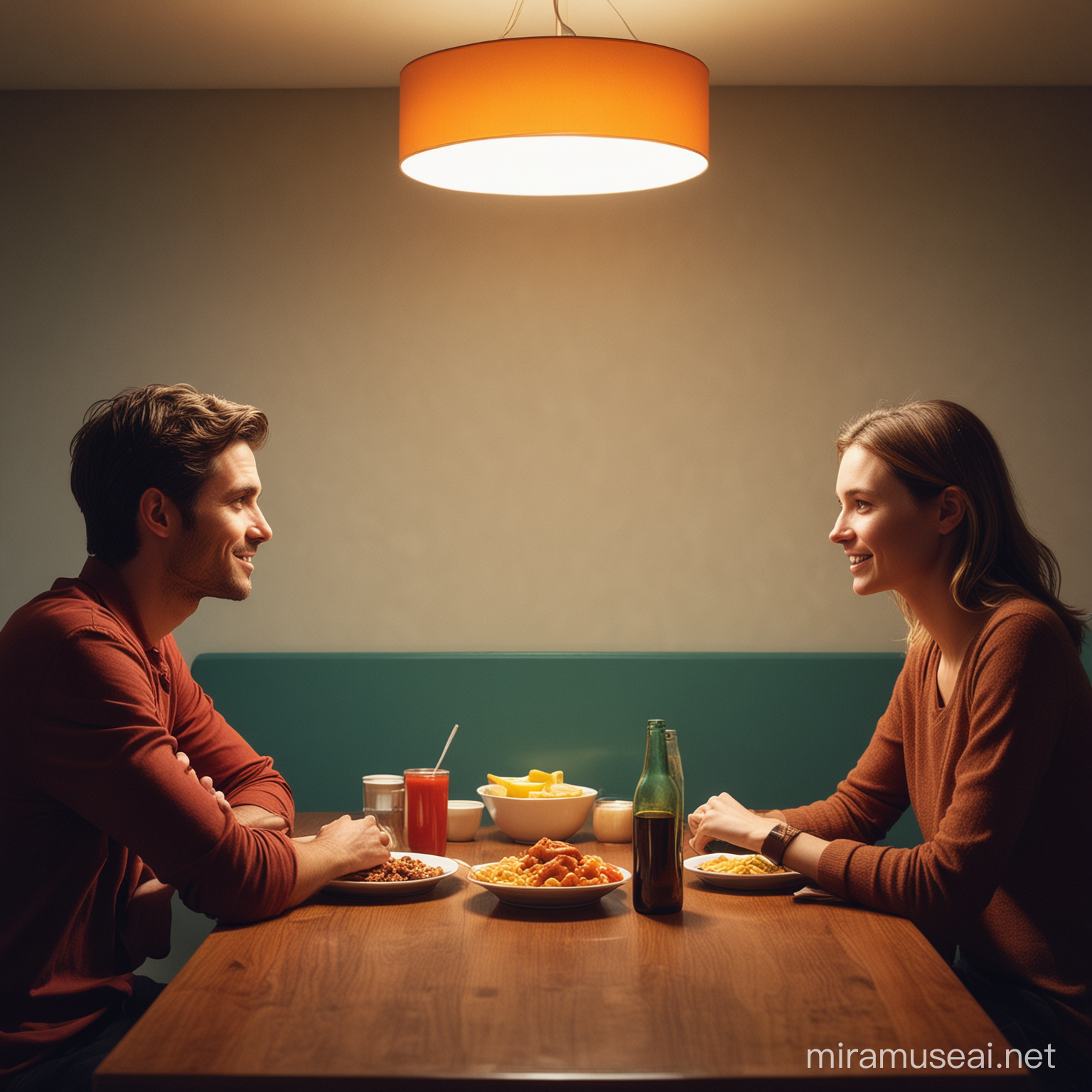 A couple of People in a room, respectfully conversing with one another.

Background: Plain Background, sharp lights, sharp shadows, sharp highlights. Vibrant food colors.

Mood: Ethical, respectful, moderate.