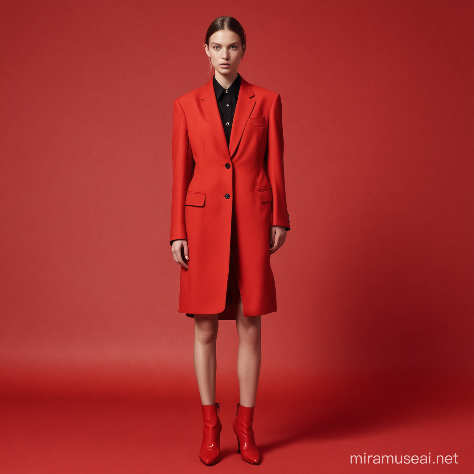 can give me an image from a Balenciaga campaign which is minimalist and refined with a red background et red clothes